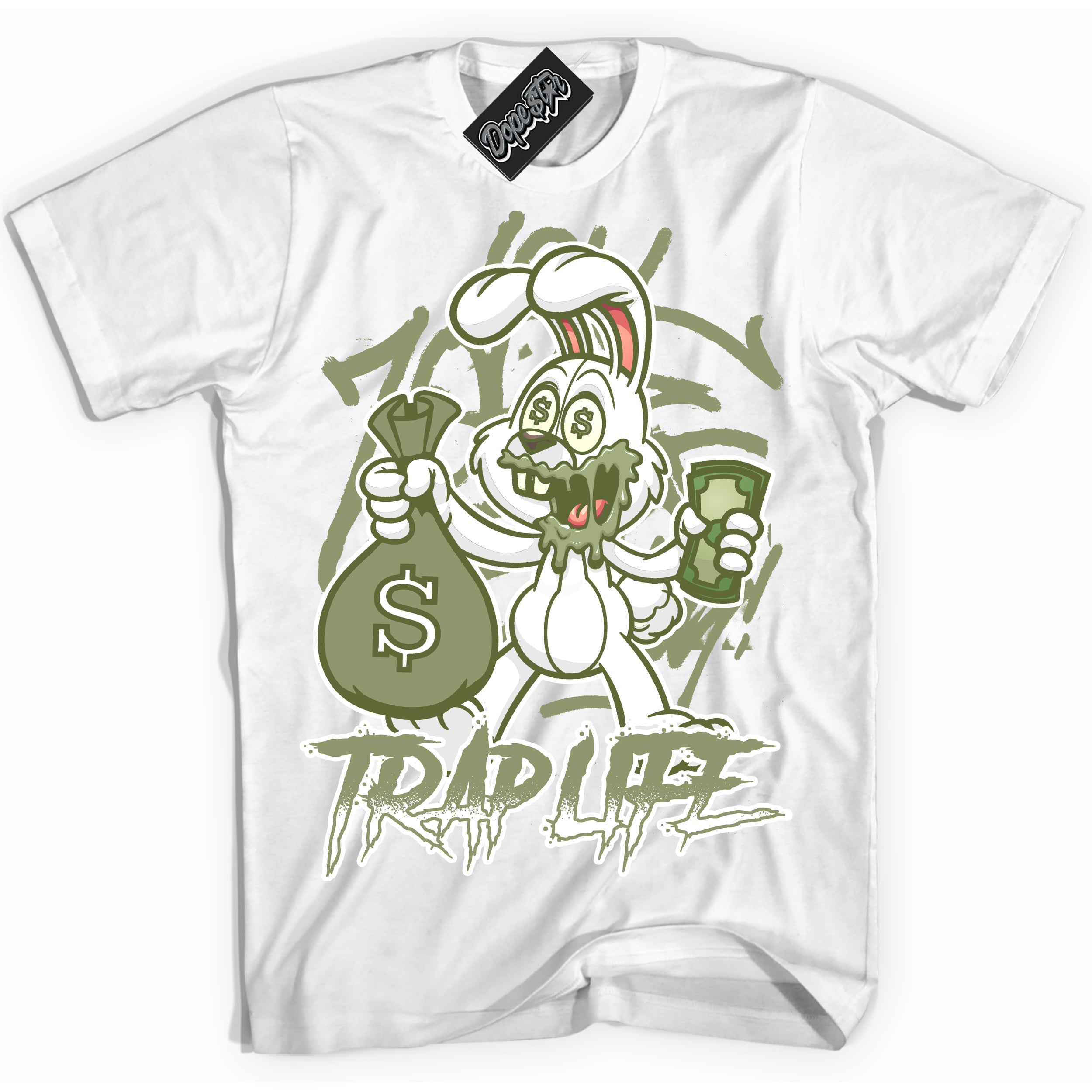 Cool White Shirt with “ Trap Rabbit ” design that perfectly matches Safari Oil Green Dunk.
