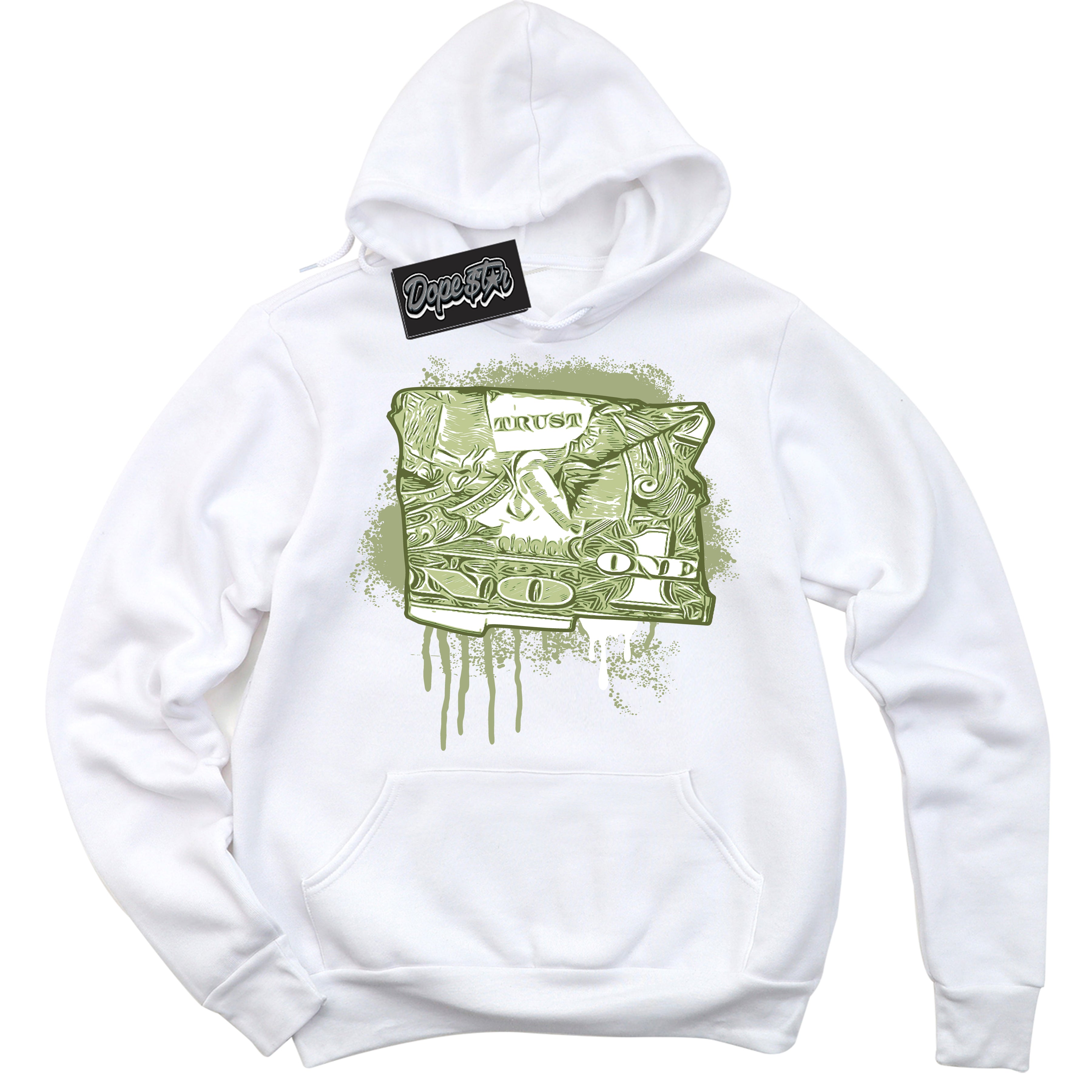 Cool White Hoodie with “ Trust No One Dollar ”  design that Perfectly Matches Safari Oil Green Dunk.
