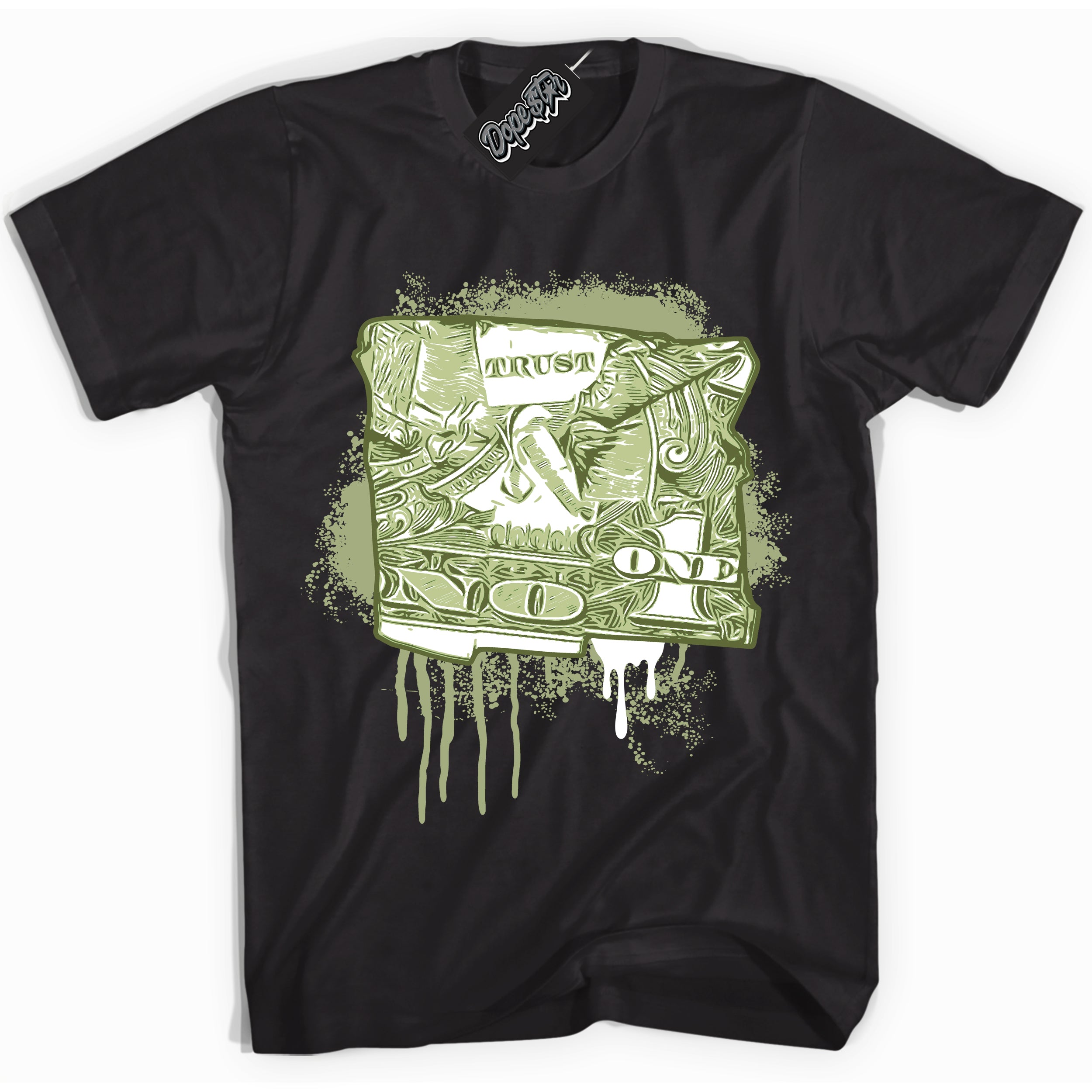 Cool Black Shirt with “ Trust No One Dollar ” design that perfectly matches Safari Oil Green Dunk.
