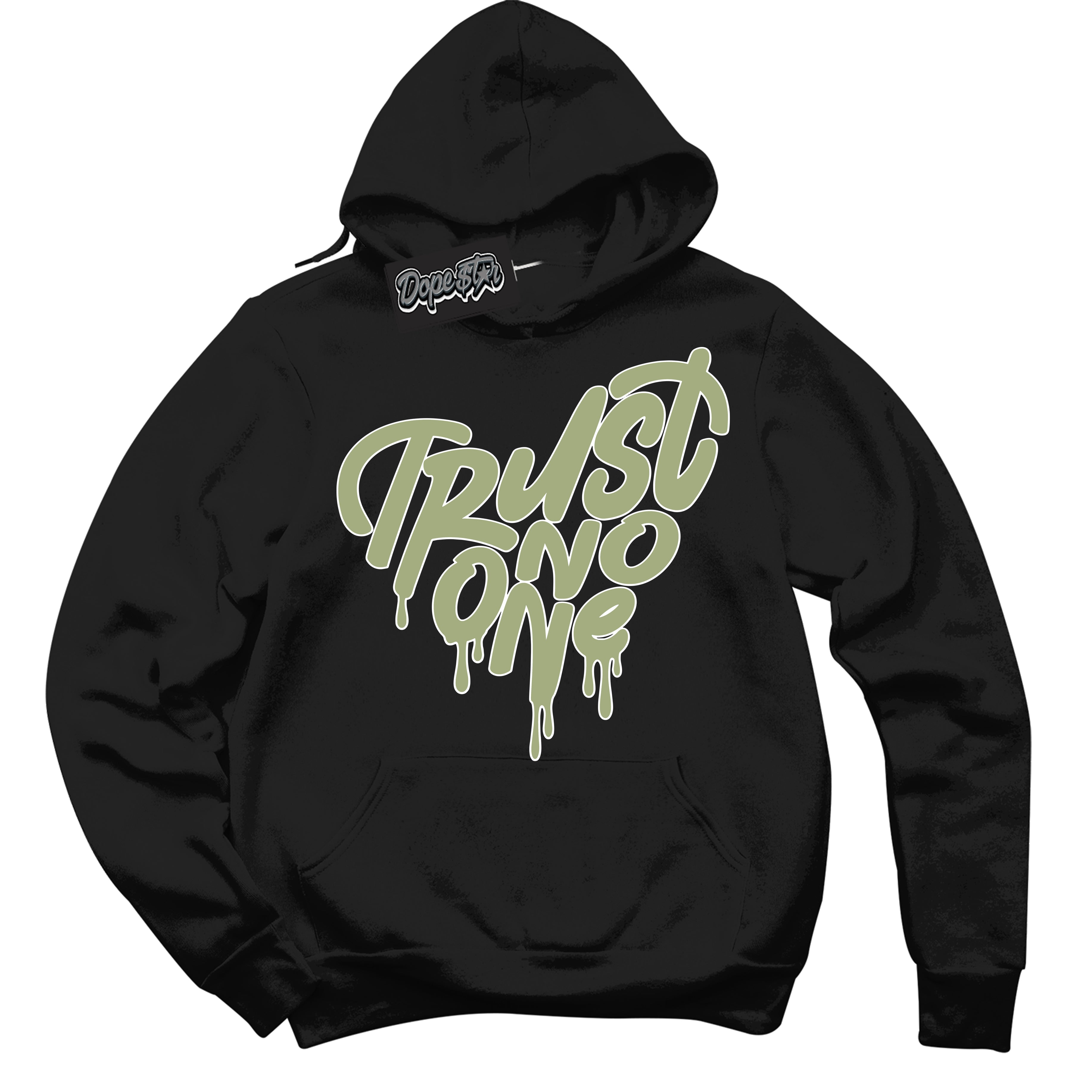 Cool Black Hoodie with “ Trust No One Heart ”  design that Perfectly Matches Safari Oil Green Dunk.
