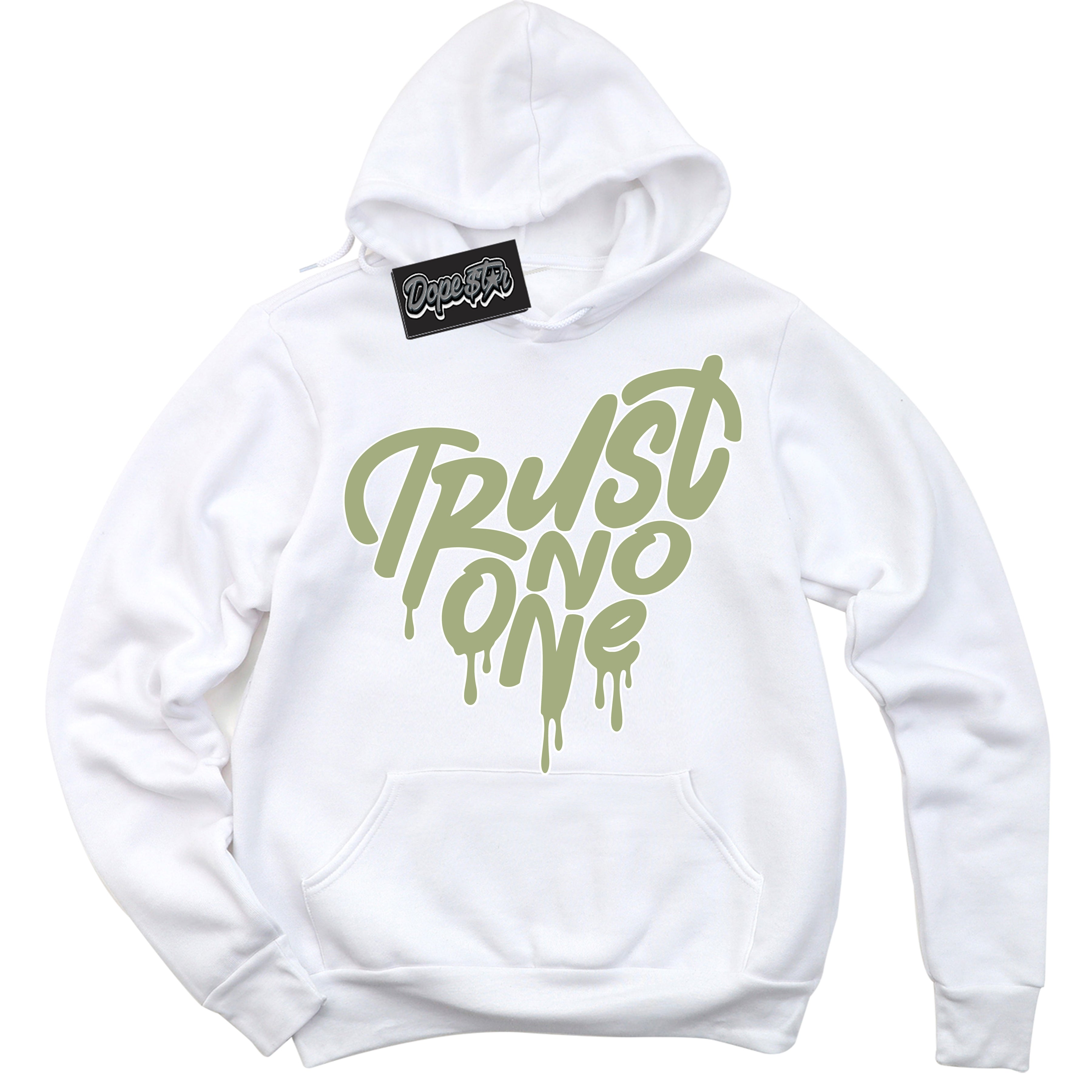 Cool White Hoodie with “ Trust No One Heart ”  design that Perfectly Matches Safari Oil Green Dunk.
