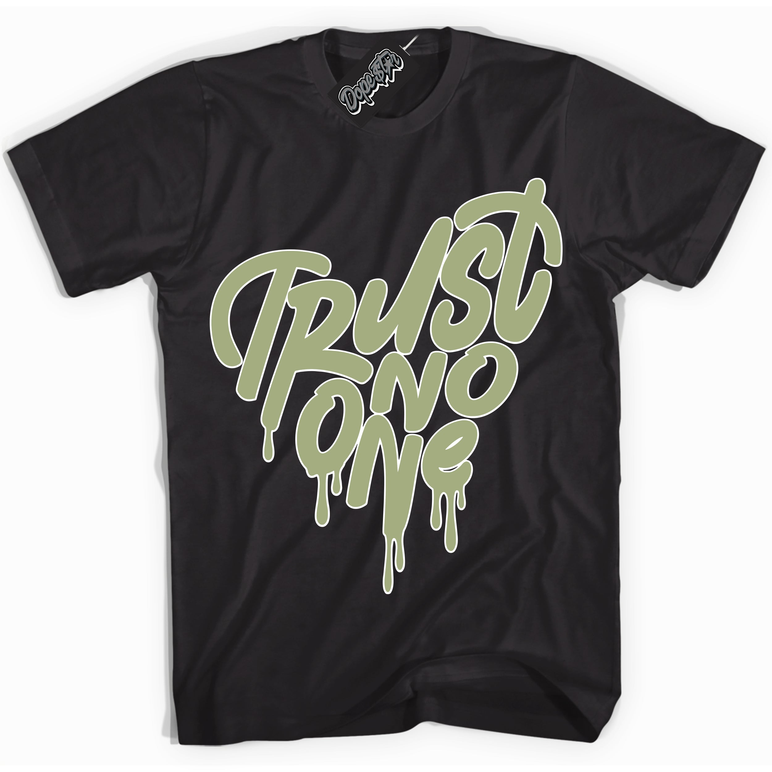 Cool Black Shirt with “ Trust No One Heart ” design that perfectly matches Safari Oil Green Dunk.
