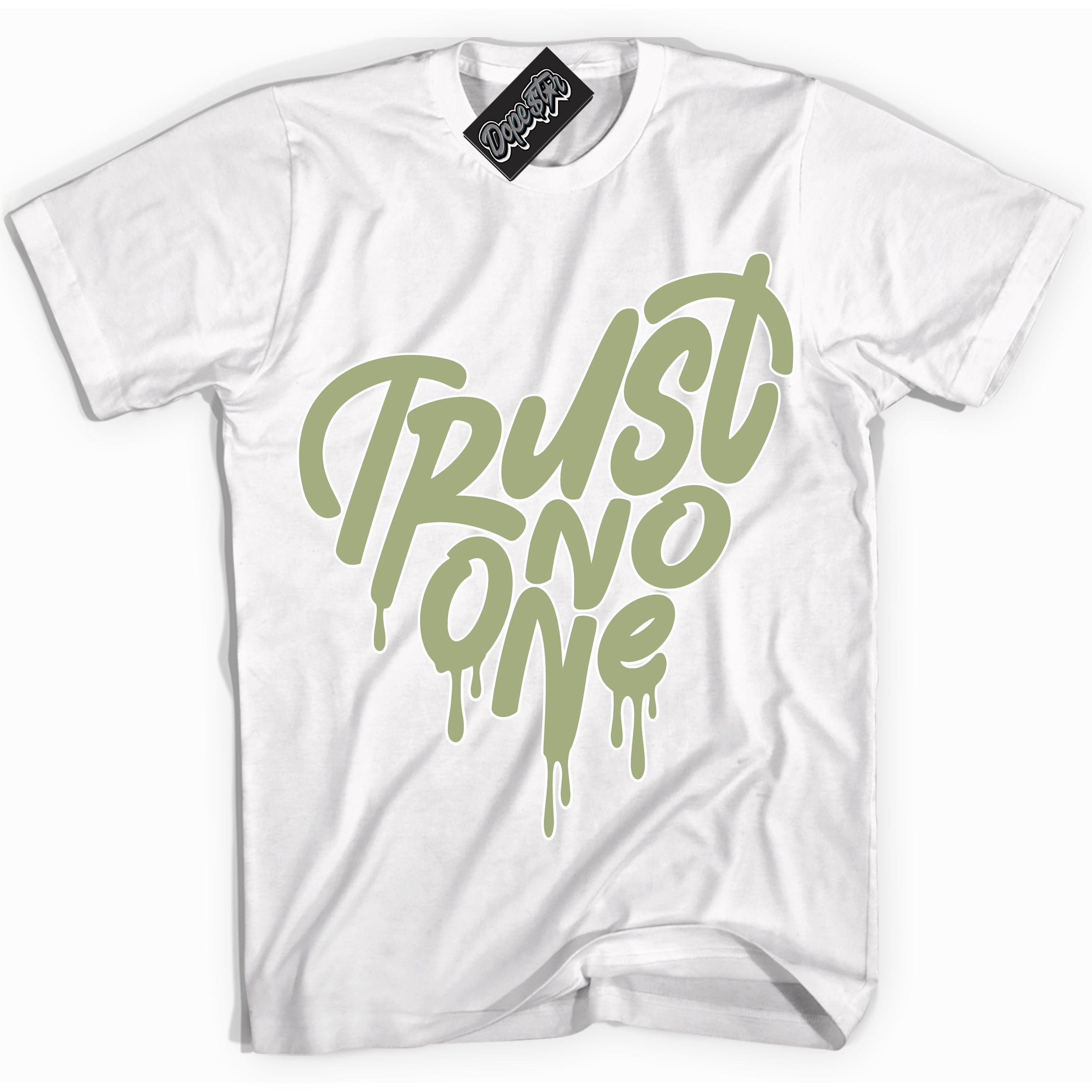 Cool White Shirt with “ Trust No One Heart ” design that perfectly matches Safari Oil Green Dunk.
