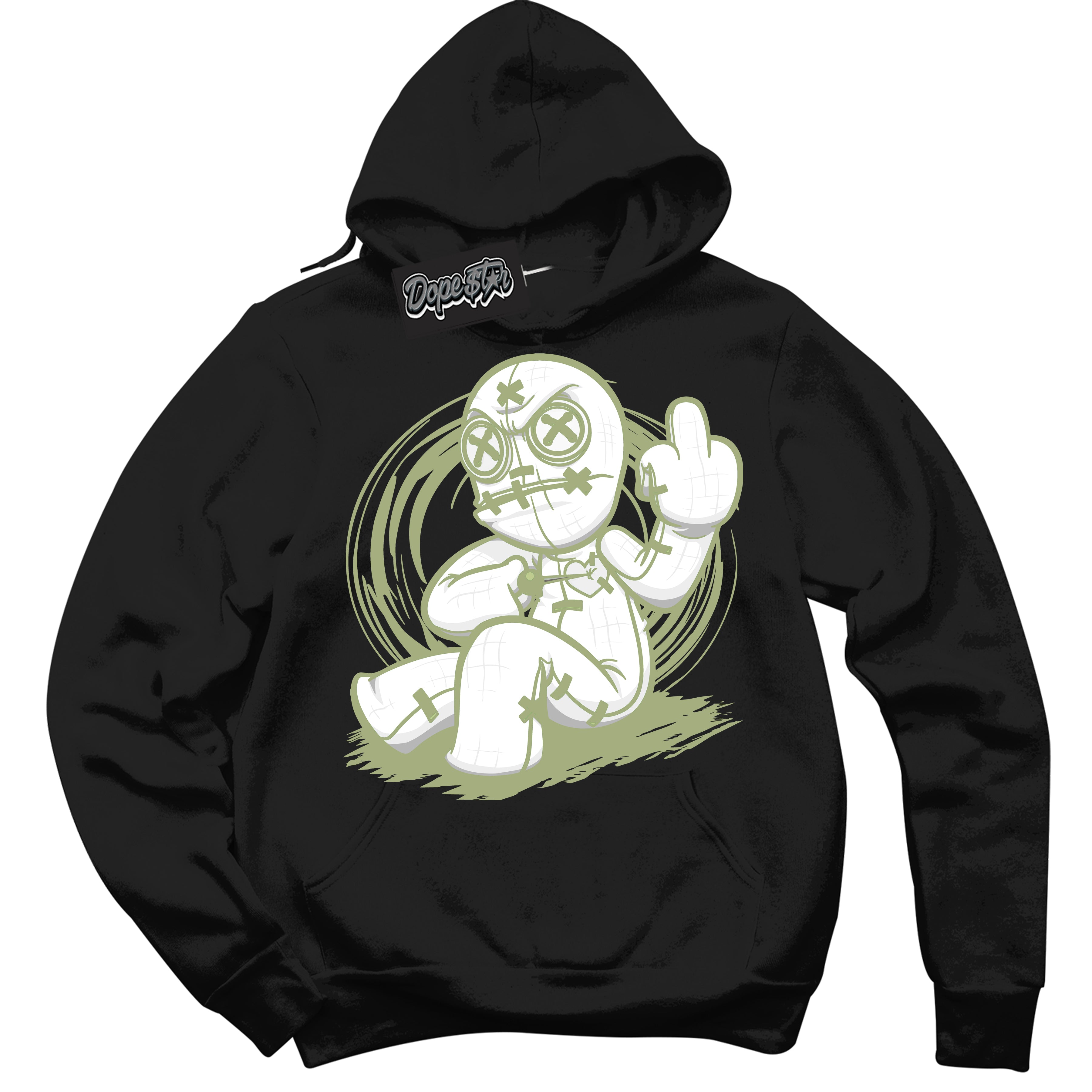 Cool Black Hoodie with “ Voodoo Doll ”  design that Perfectly Matches Safari Oil Green Dunk.
