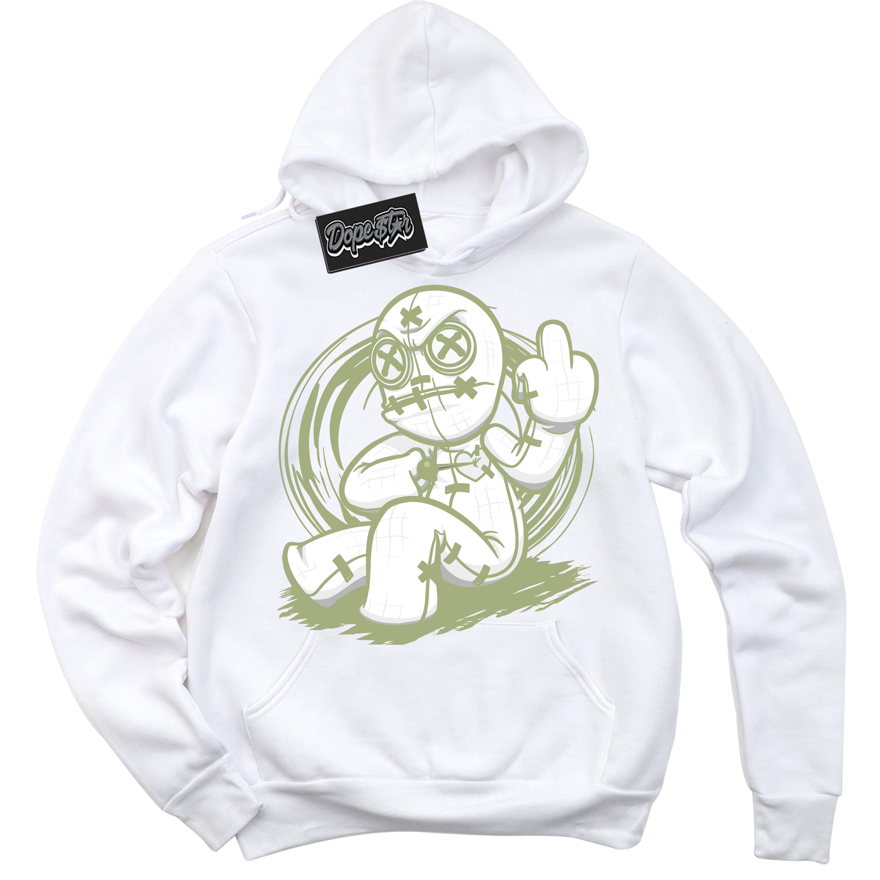 Cool White Hoodie with “ Voodoo Doll ”  design that Perfectly Matches Safari Oil Green Dunk.
