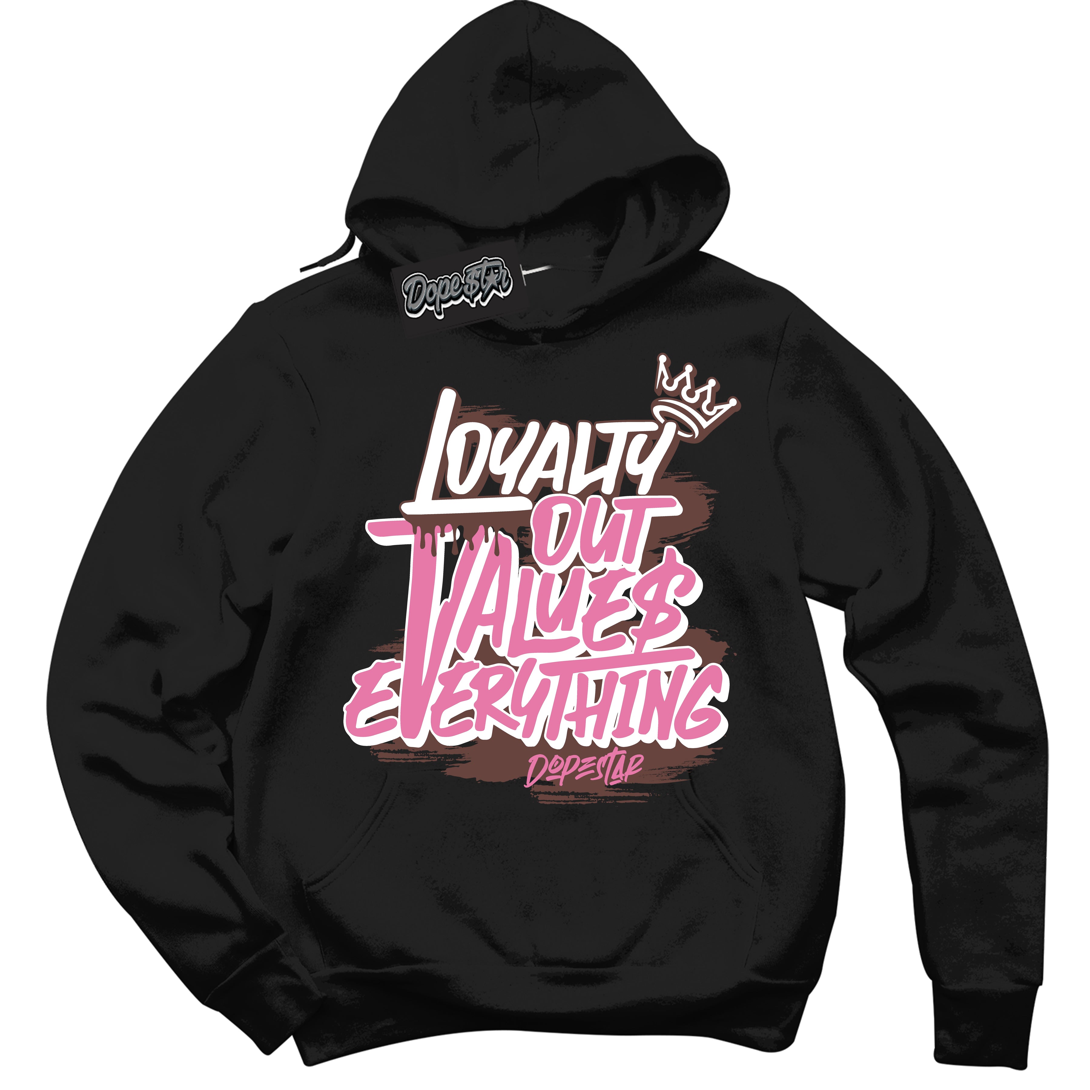 Cool Black Hoodie with “ Loyalty Out Values Everything ”  design that Perfectly Matches  Smokey Mauve Sneakers.