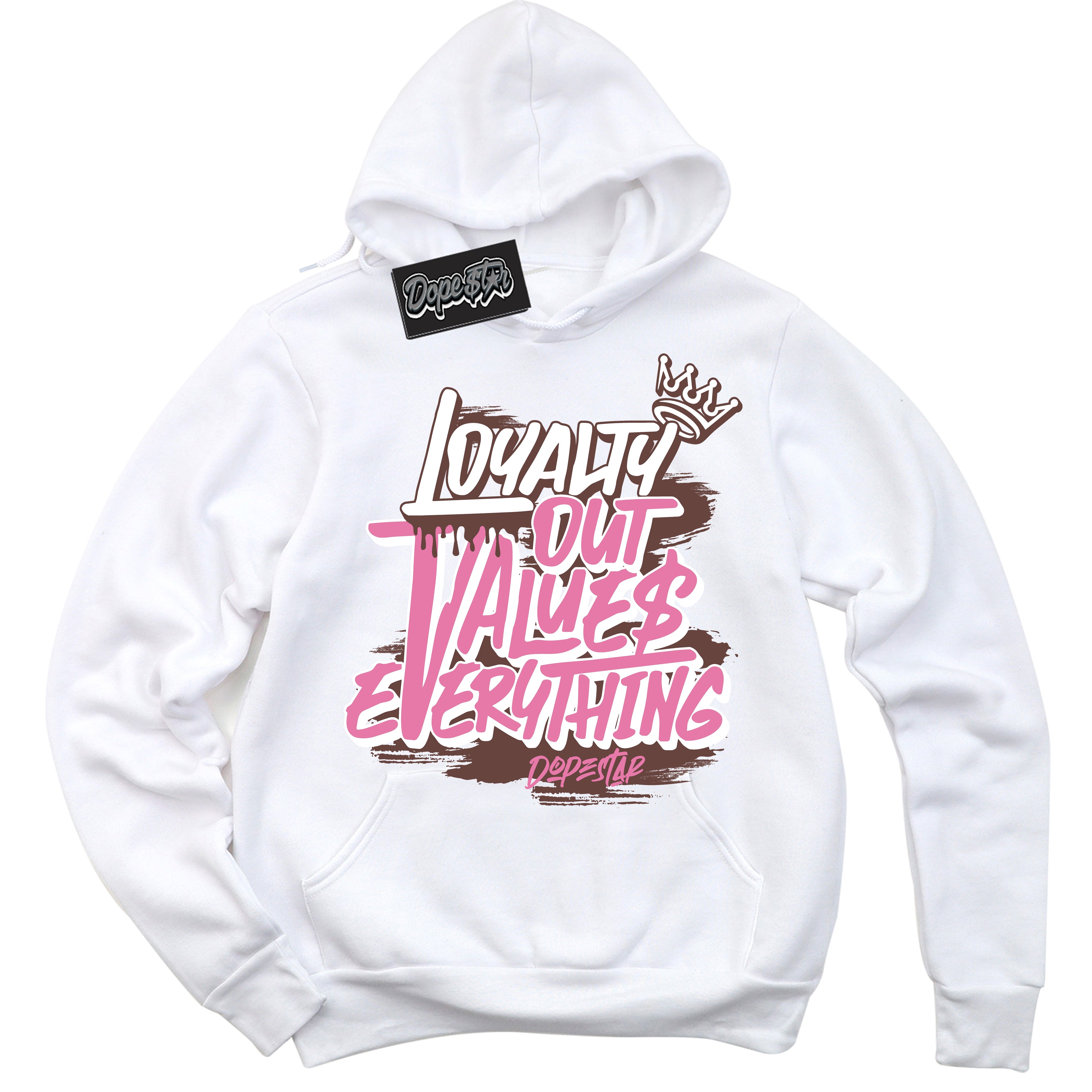 Cool White Hoodie with “ Loyalty Out Values Everything ”  design that Perfectly Matches Smokey Mauve Sneakers.