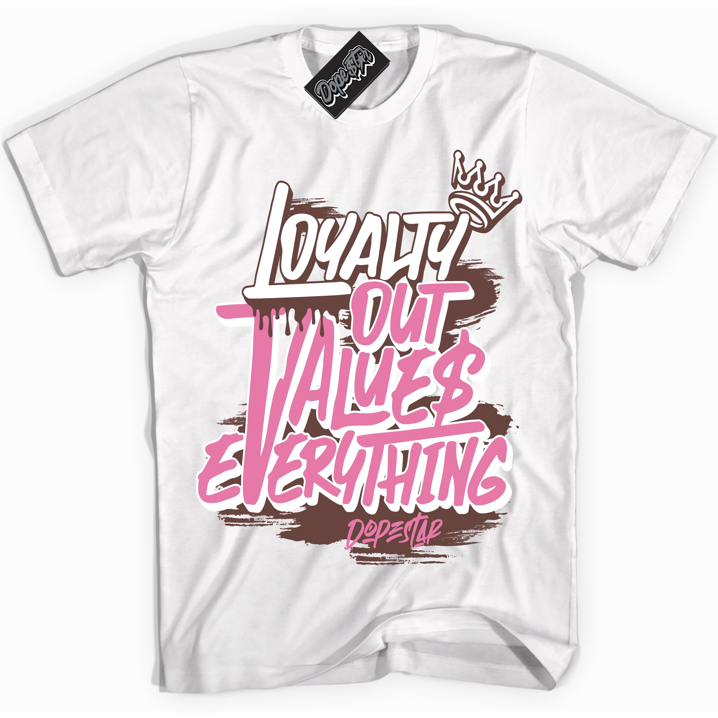 Cool White Shirt with “ Loyalty Out Values Everything” design that perfectly matches Smokey Mauve Sneakers.