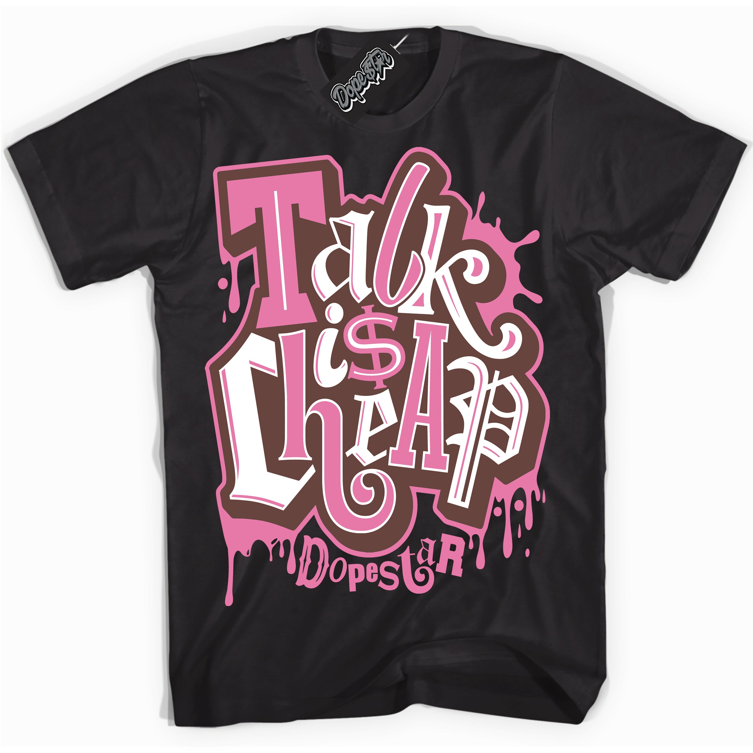 Cool Black Shirt with “ Talk Is Cheap” design that perfectly matches Smokey Mauve Sneakers.