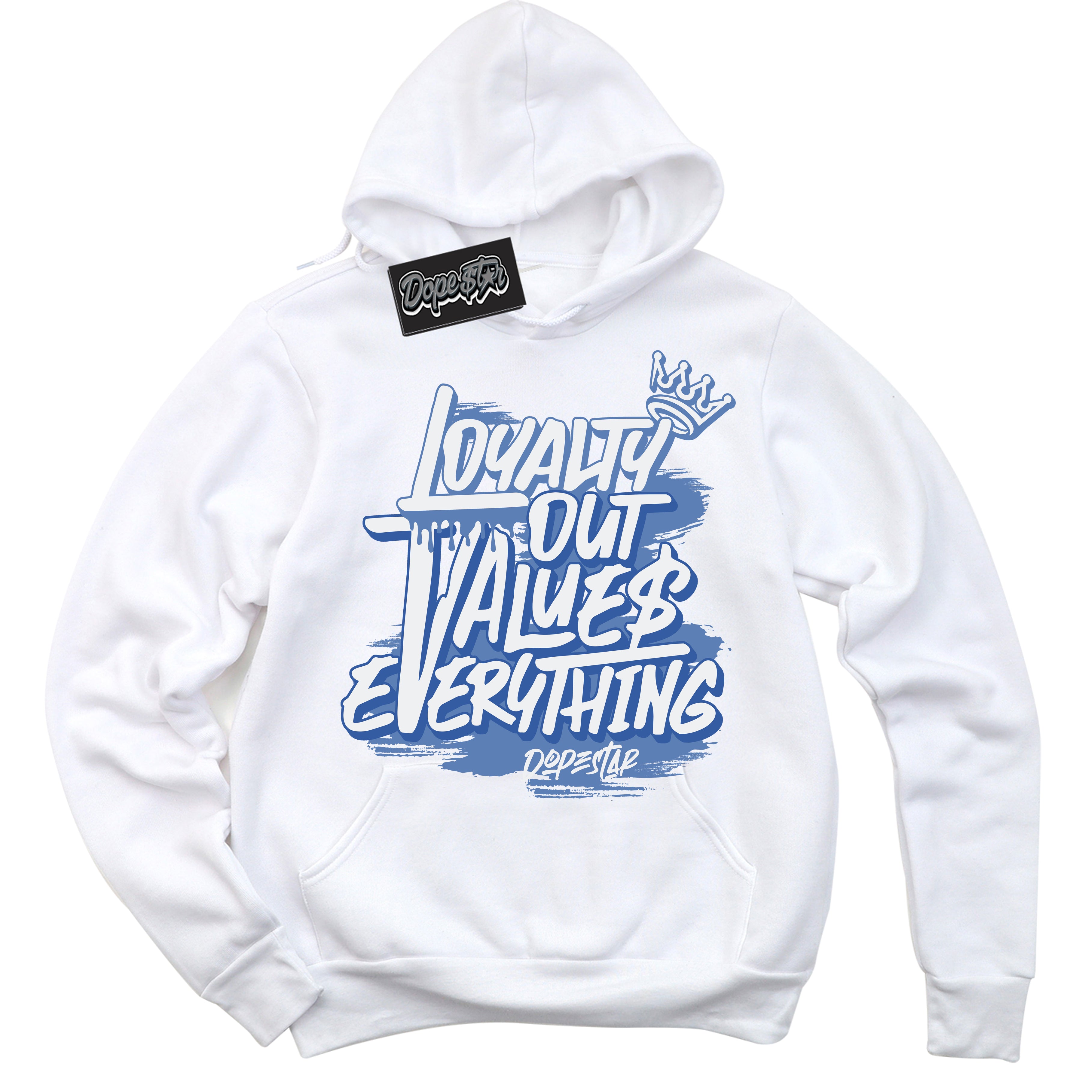 Cool White Hoodie with “ Loyalty Out Values Everything ”  design that Perfectly Matches Twist University Blue Sneakers.