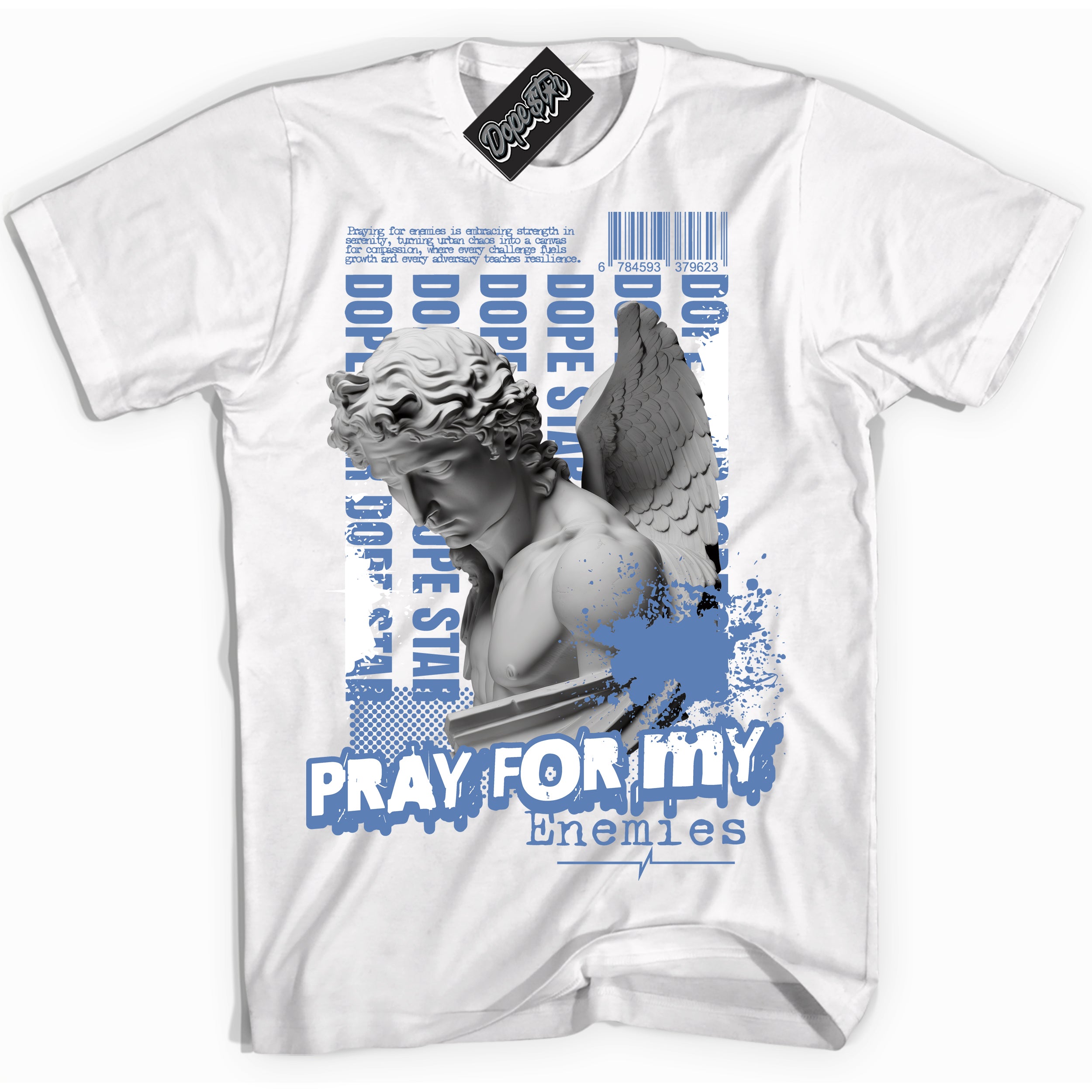 Cool White Shirt with “ Pray Enemies” design that perfectly matches Twist University Blue Sneakers.