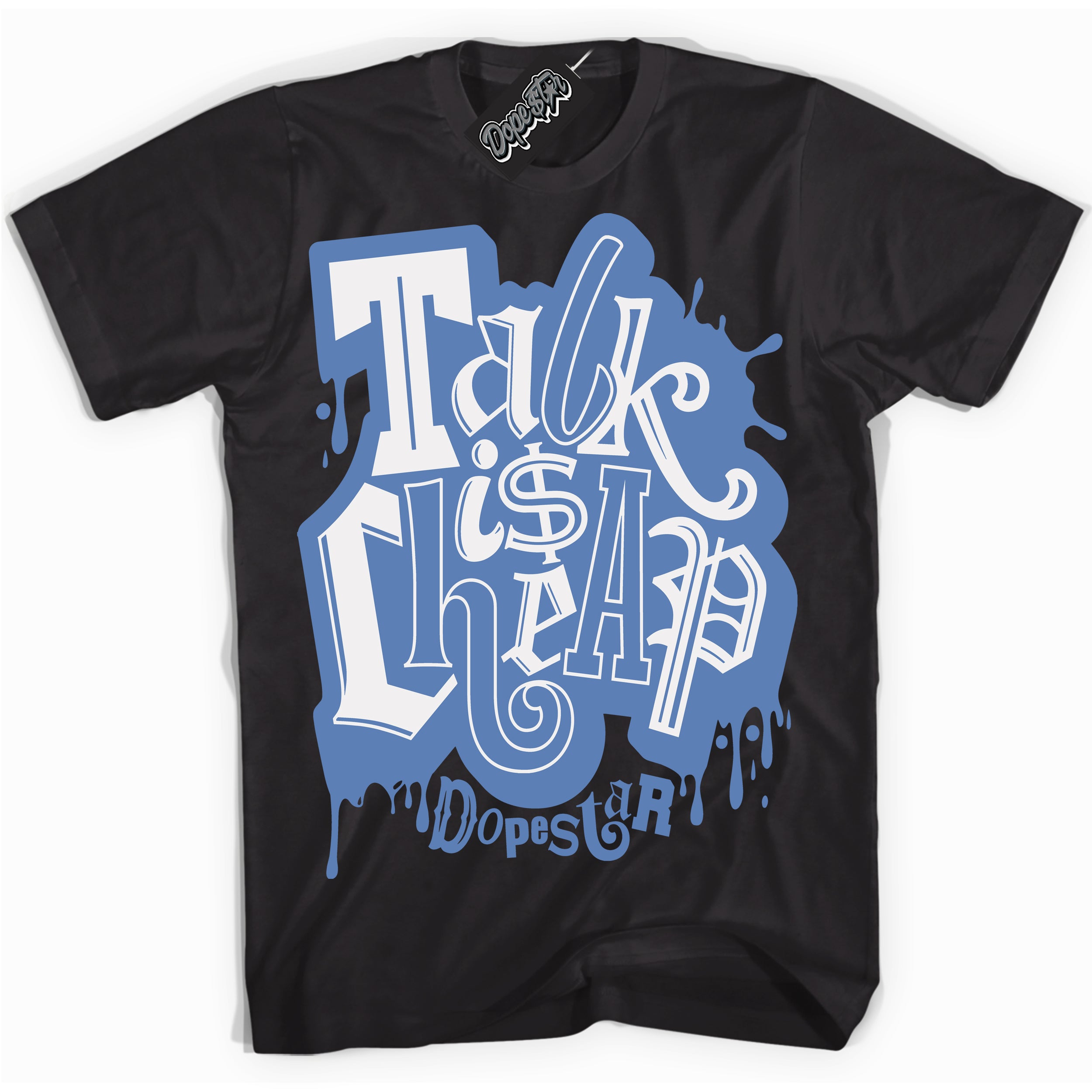 Cool Black Shirt with “ Talk Is Cheap” design that perfectly matches Twist University Blue Sneakers.