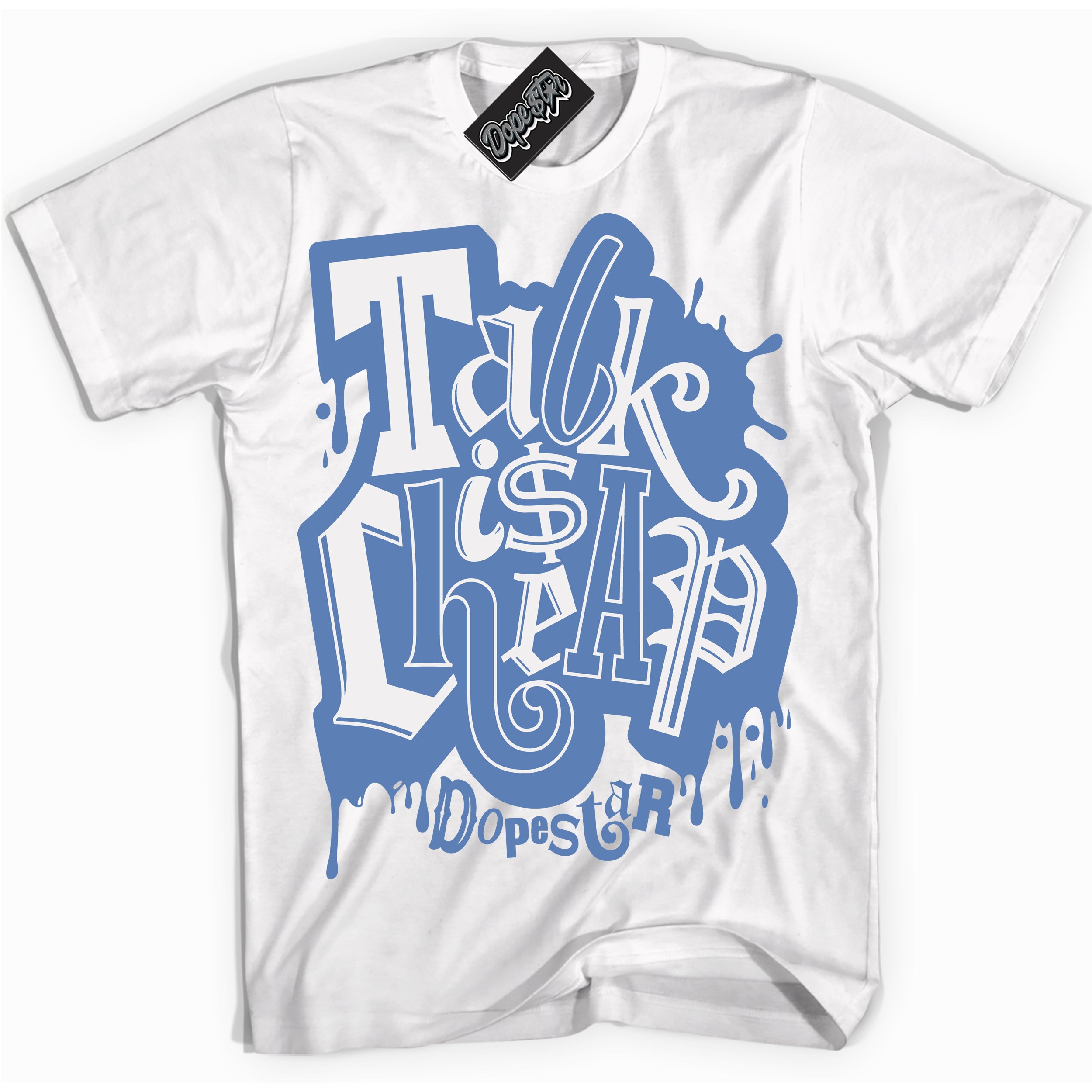 Cool White Shirt with “ Talk Is Cheap” design that perfectly matches Twist University Blue Sneakers.