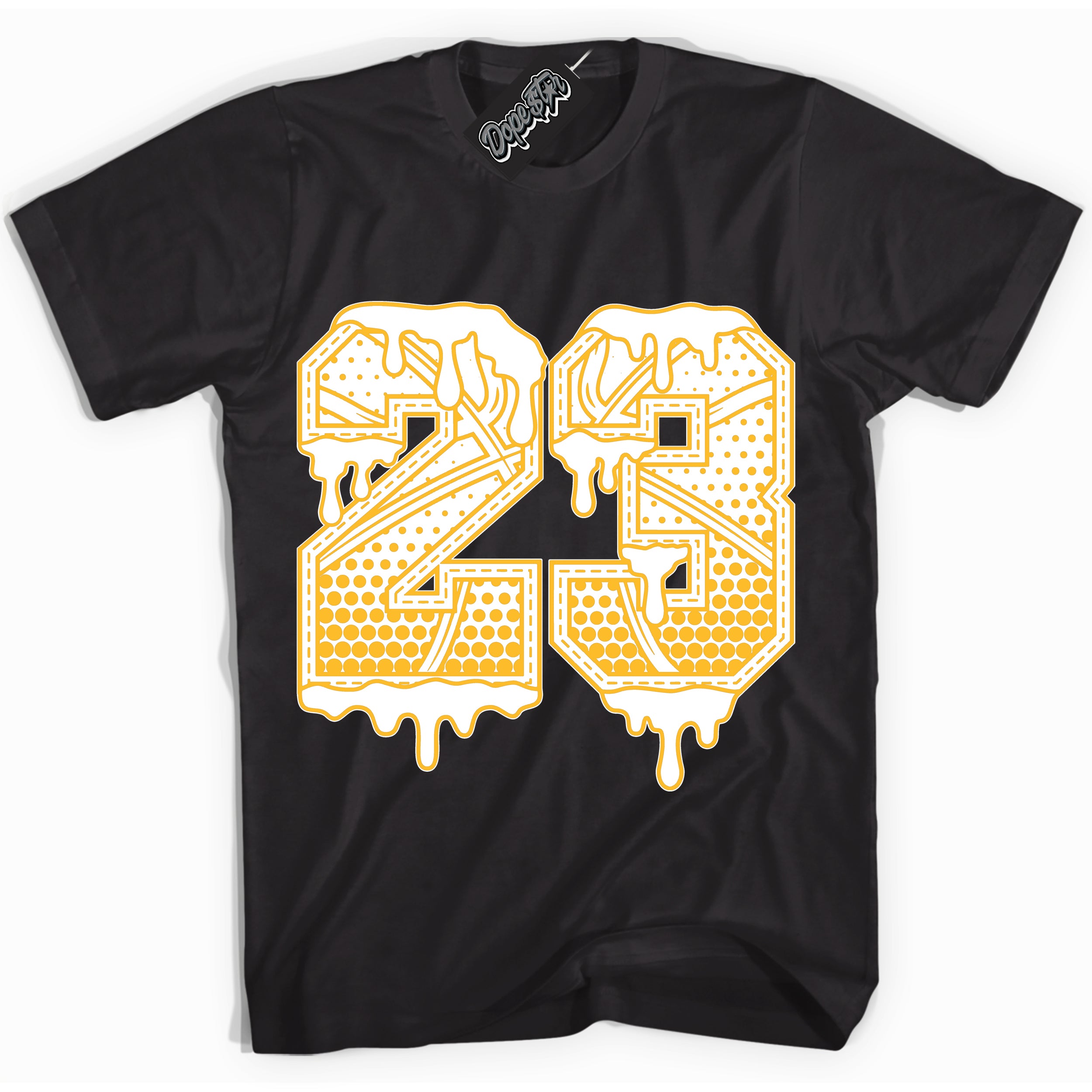 Cool Black Shirt with “ 23 Ball ” design that perfectly matches White University Gold Sneakers.