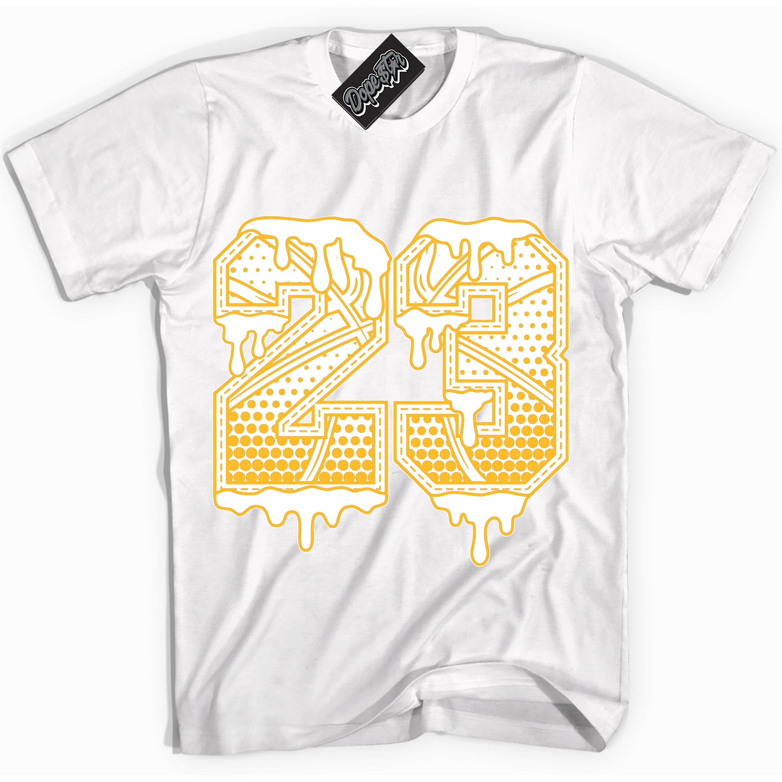 Cool White Shirt with “ 23 Ball ” design that perfectly matches White University Gold Sneakers.