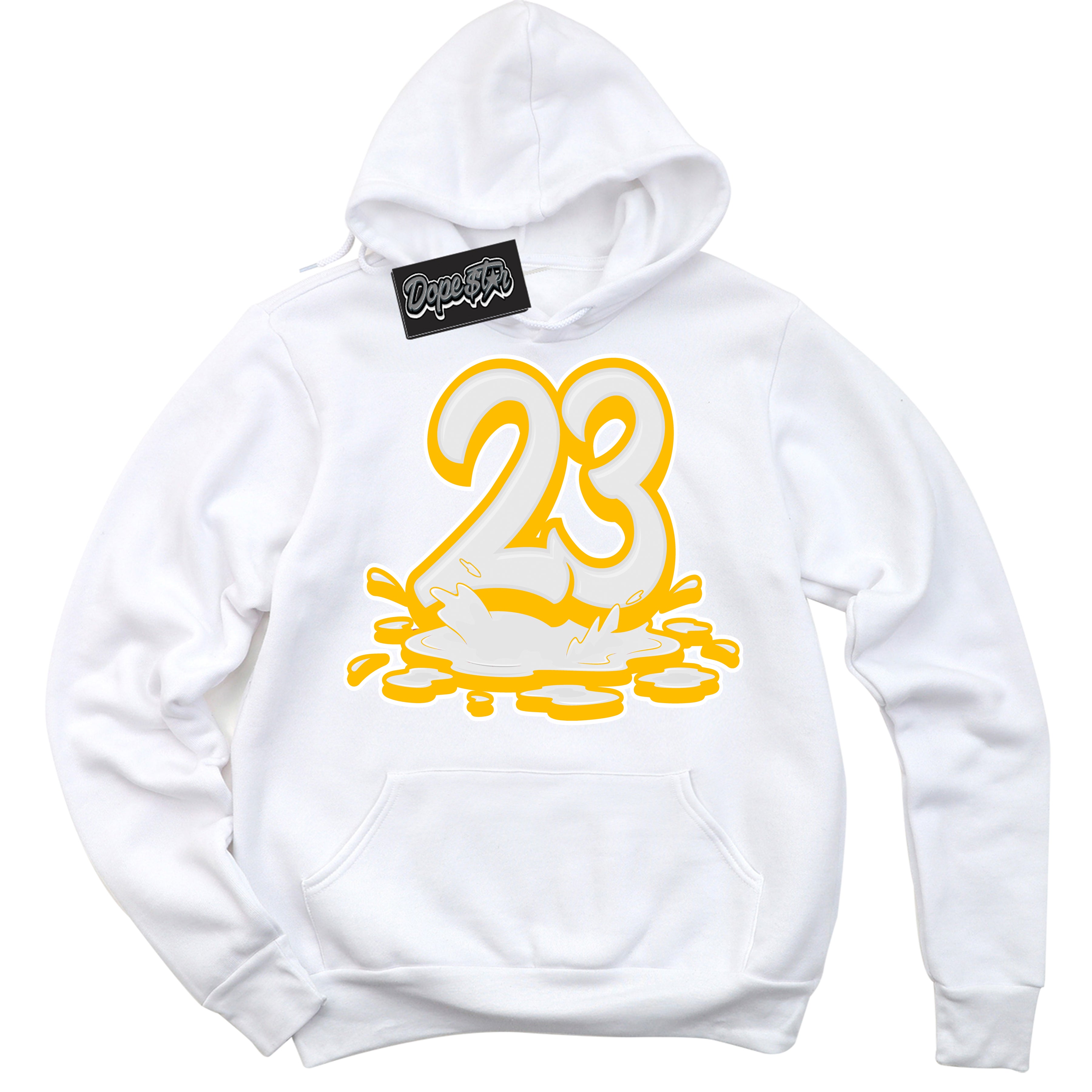 Cool White Hoodie with “ 23 Melting '' design that Perfectly Matches  White University Gold Sneakers.