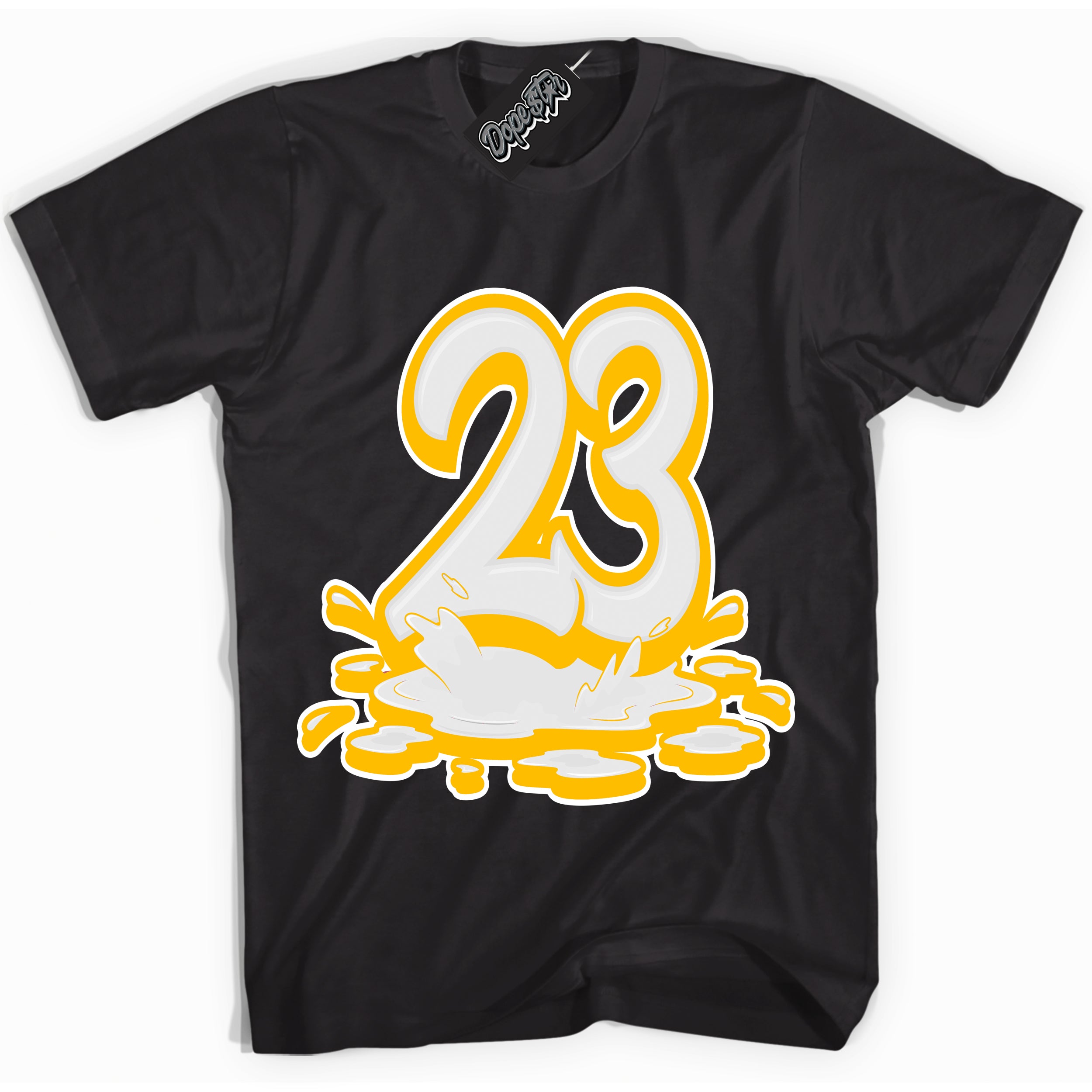 Cool Black Shirt with “ 23 Melting ” design that perfectly matches White University Gold Sneakers.