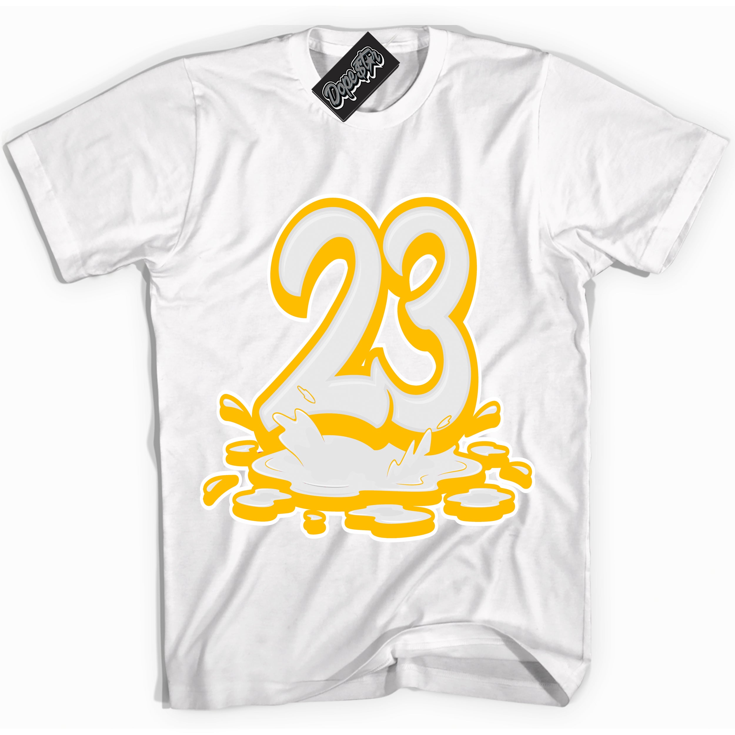 Cool White Shirt with “ 23 Melting ” design that perfectly matches White University Gold Sneakers.