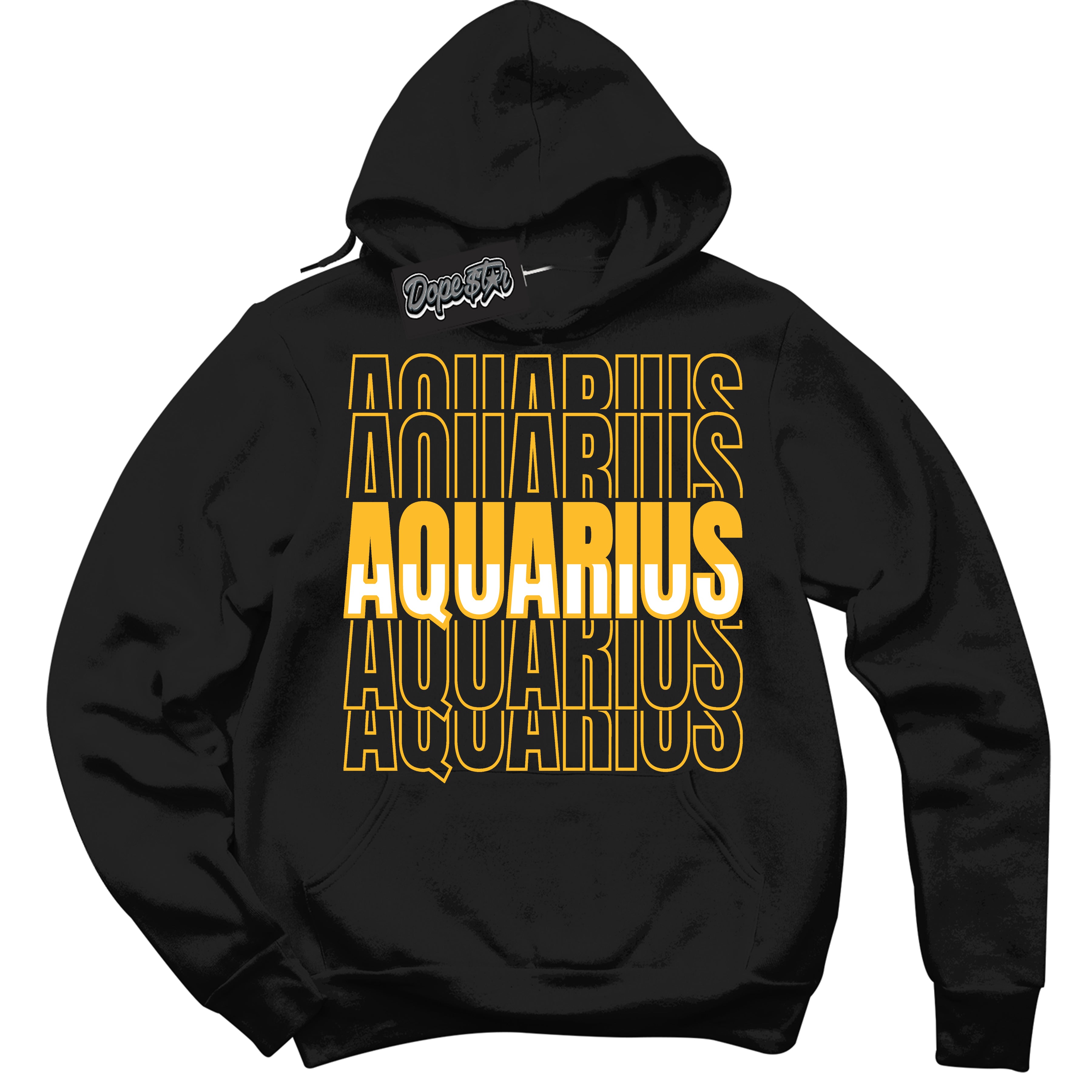 Cool Black Hoodie with “ Aquarius '' design that Perfectly Matches  White University Gold Sneakers.