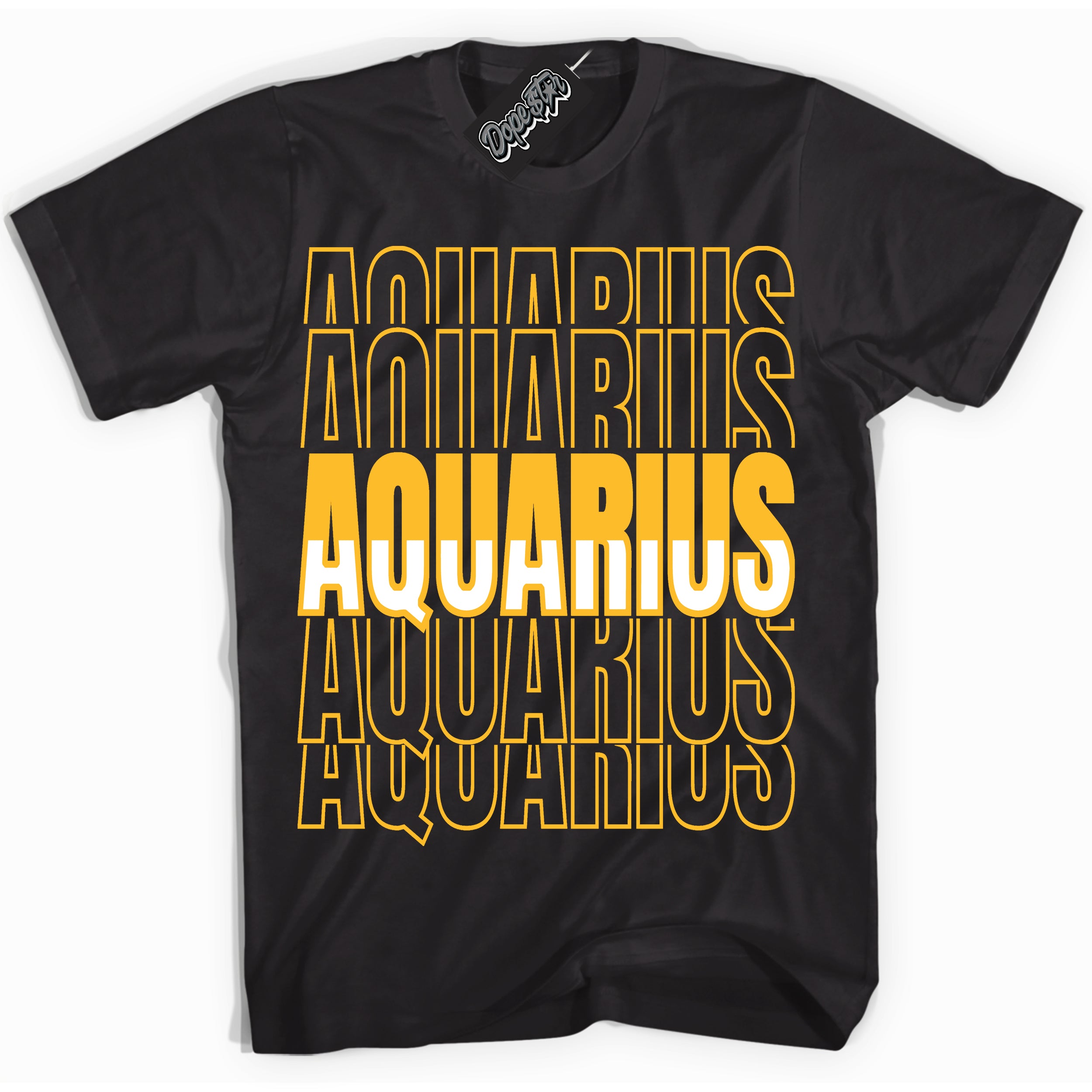 Cool Black Shirt with “ Aquarius ” design that perfectly matches White University Gold Sneakers.