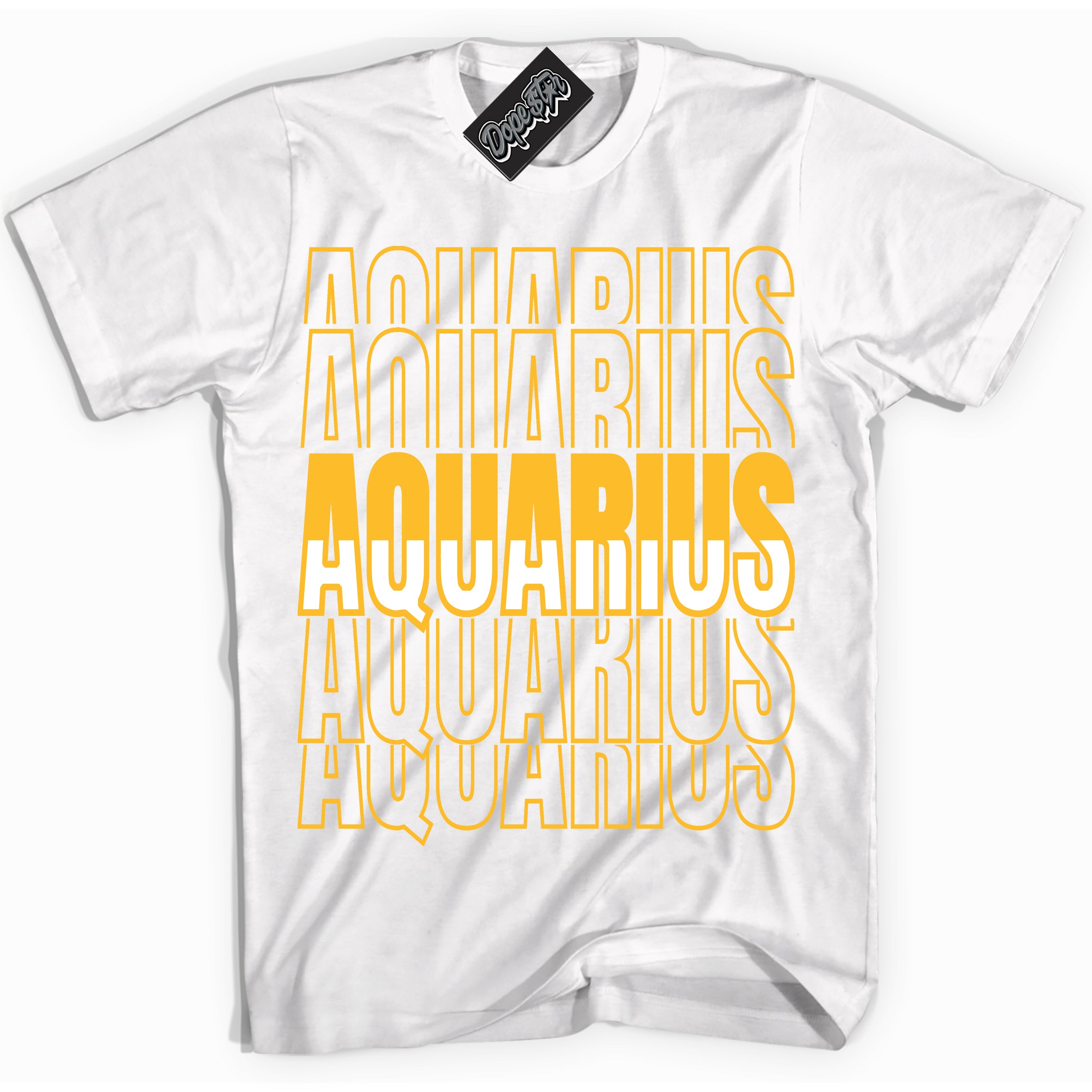 Cool White Shirt with “ Aquarius ” design that perfectly matches White University Gold Sneakers.