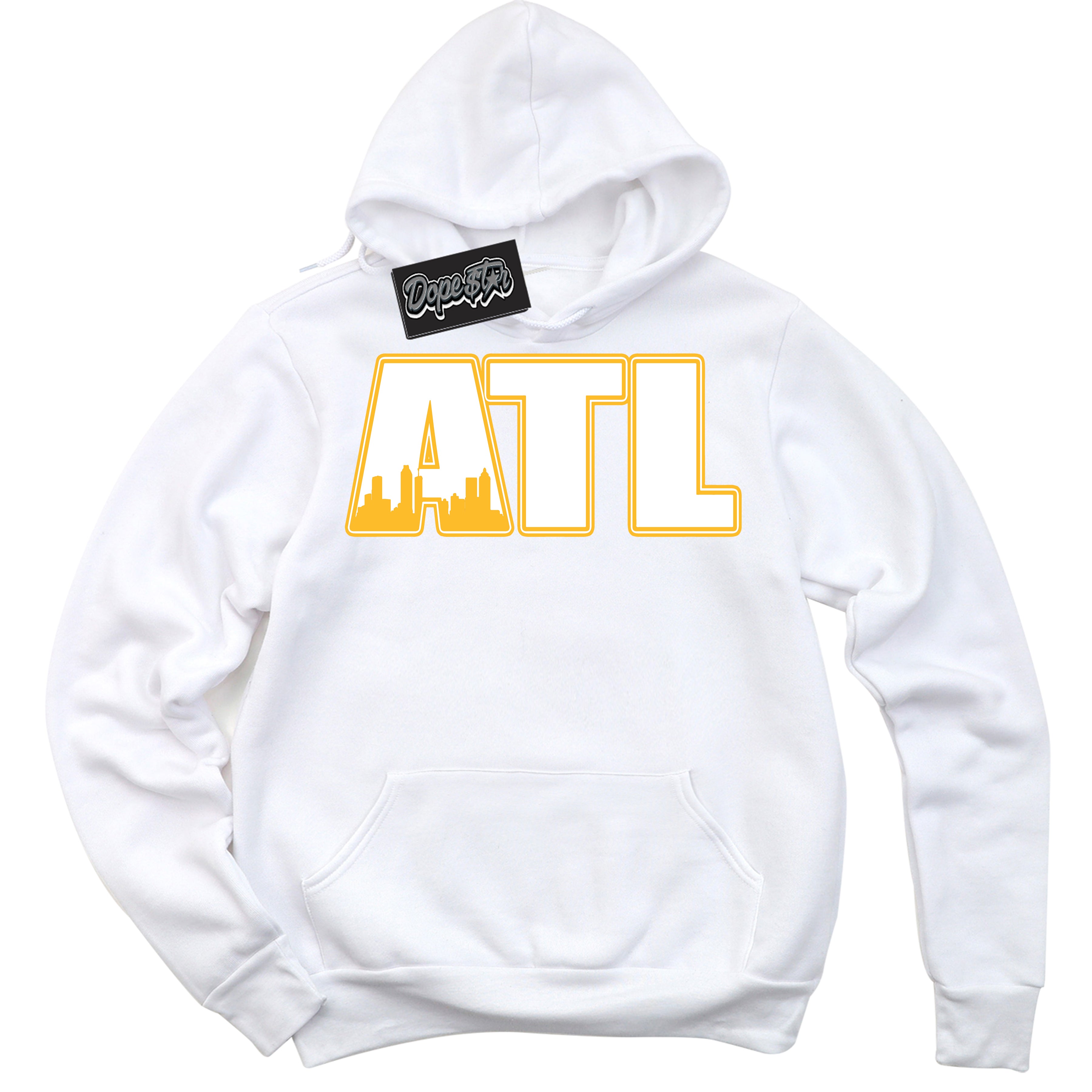 Cool White Hoodie with “ Atlanta '' design that Perfectly Matches  White University Gold Sneakers.