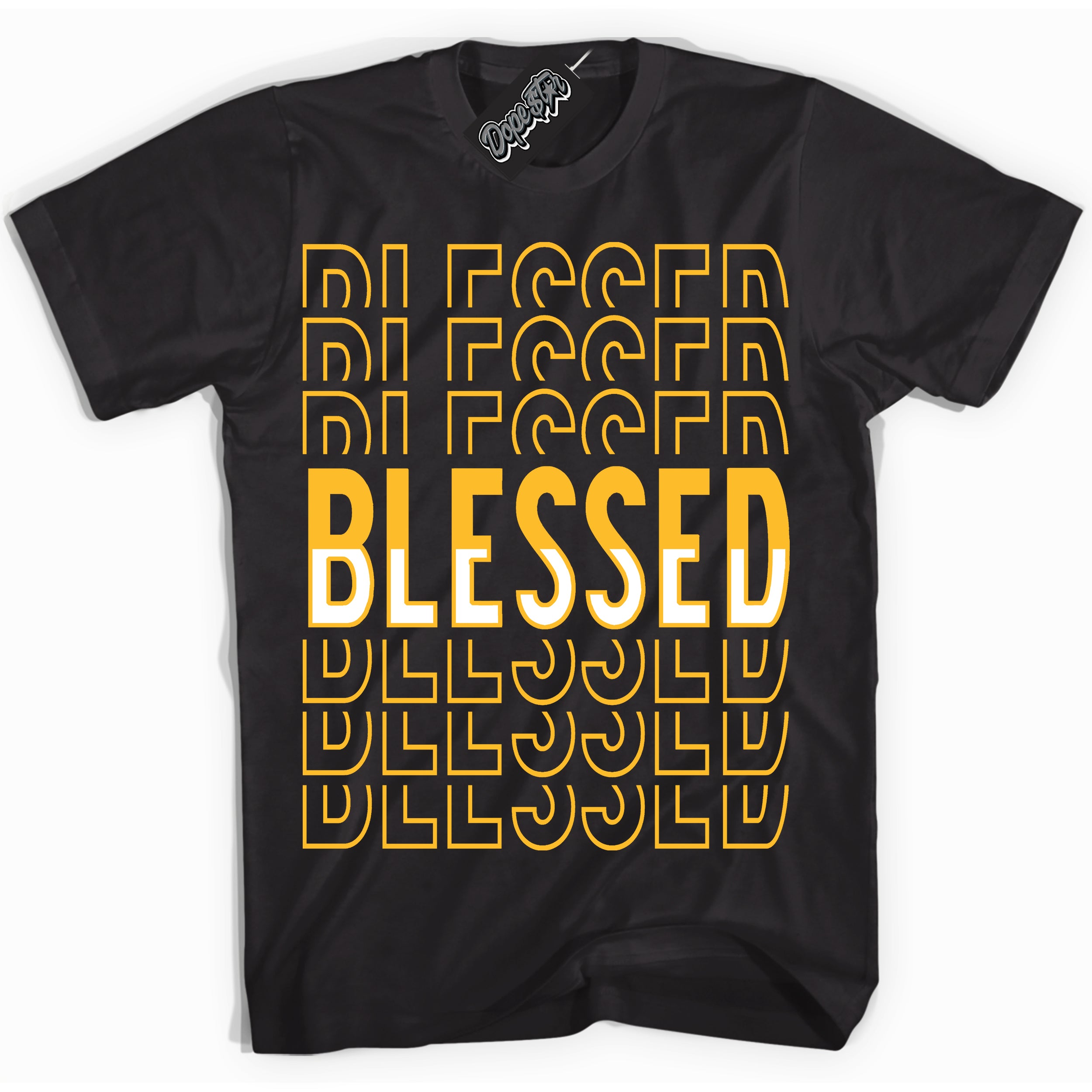 Cool Black Shirt with “ Blessed Stacked ” design that perfectly matches White University Gold Sneakers.