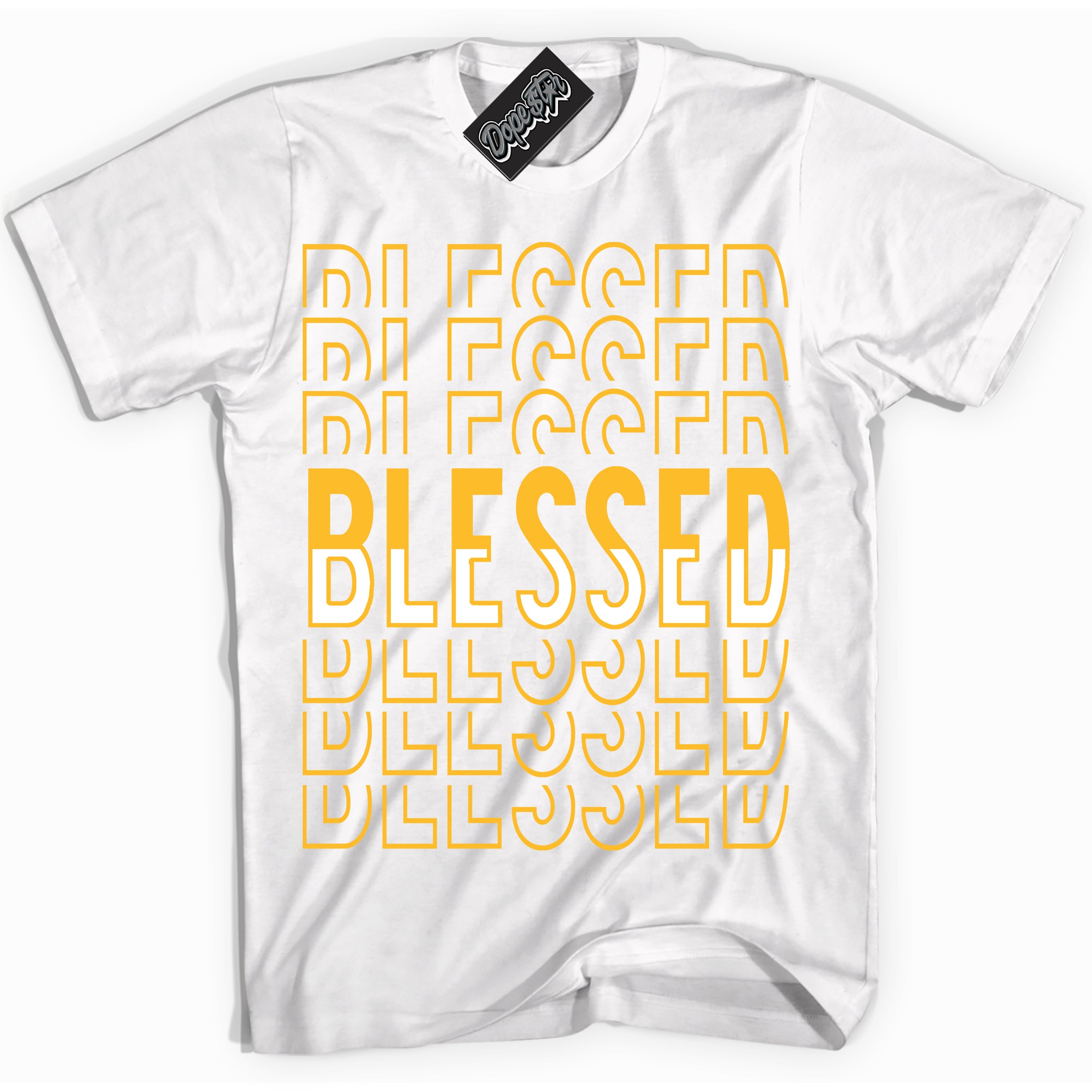 Cool White Shirt with “ Blessed Stacked ” design that perfectly matches White University Gold Sneakers.