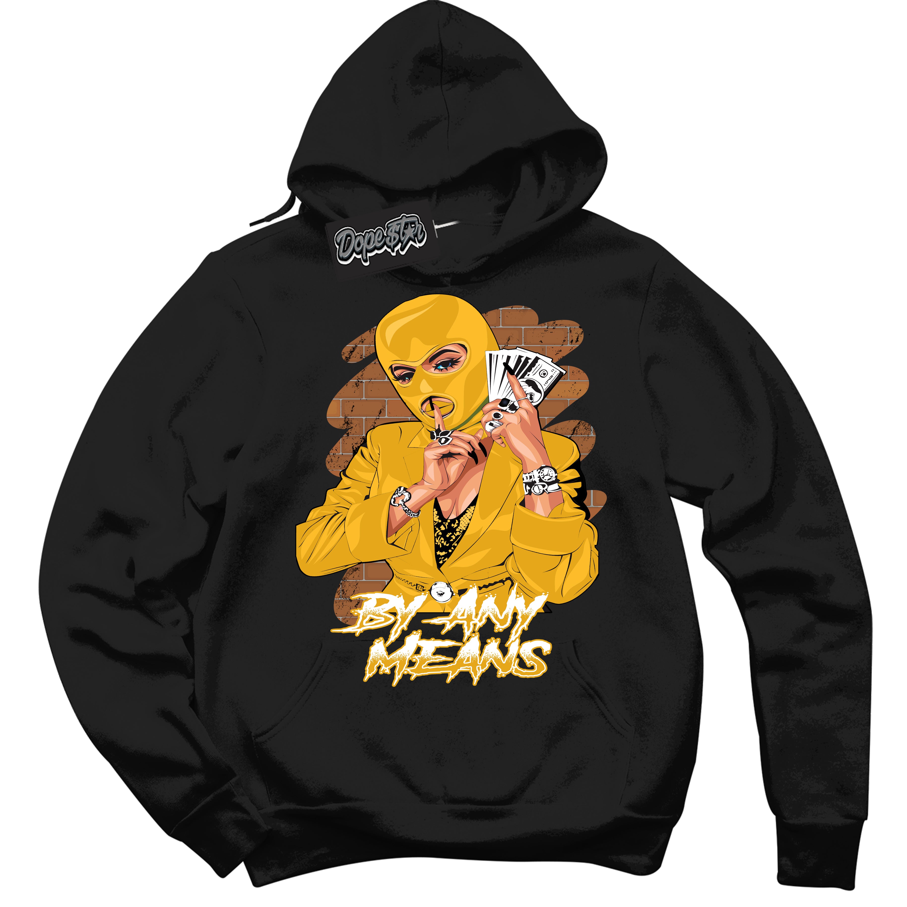 Cool Black Hoodie with “ By Any Means '' design that Perfectly Matches  White University Gold Sneakers.