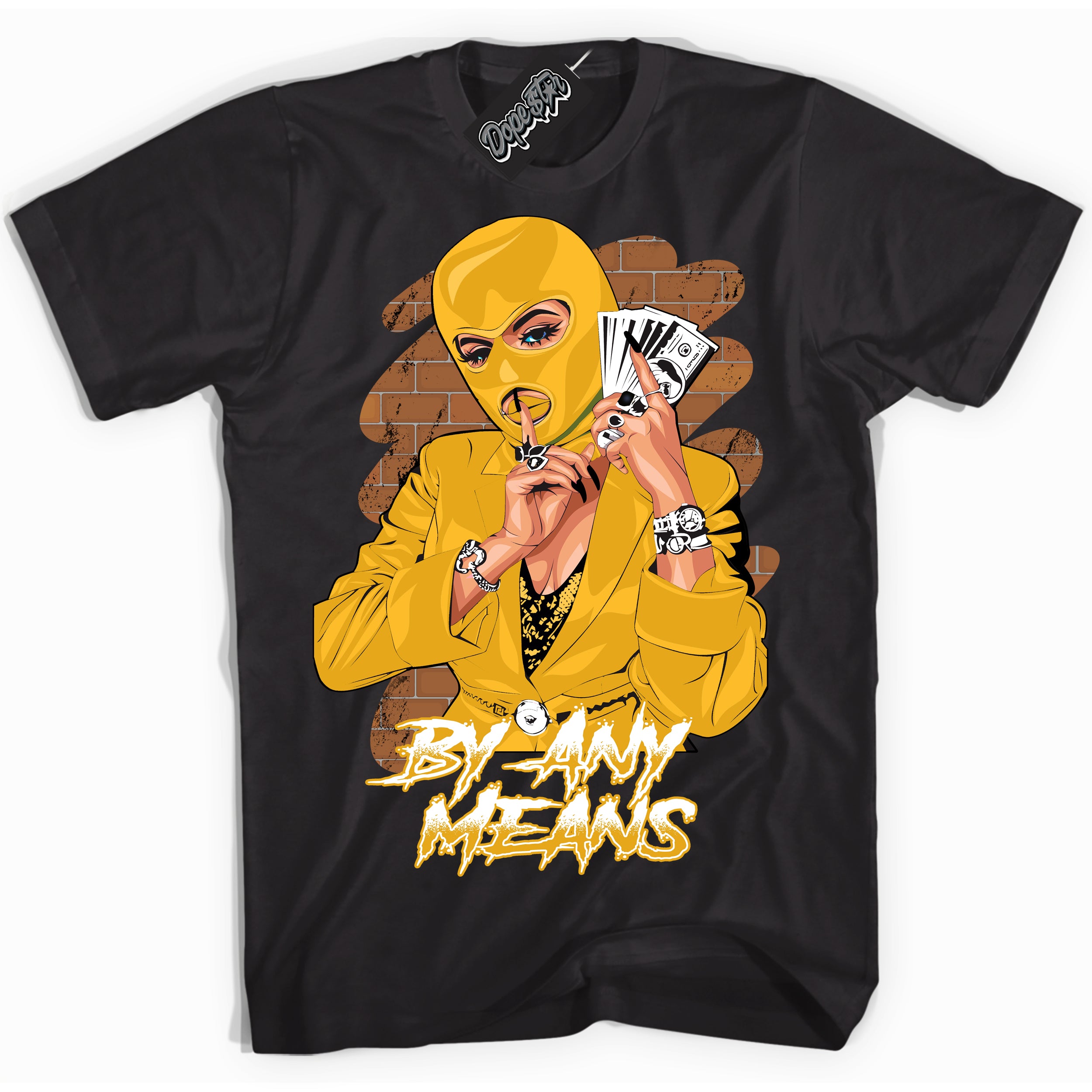 Cool Black Shirt with “ By Any Means ” design that perfectly matches White University Gold Sneakers.