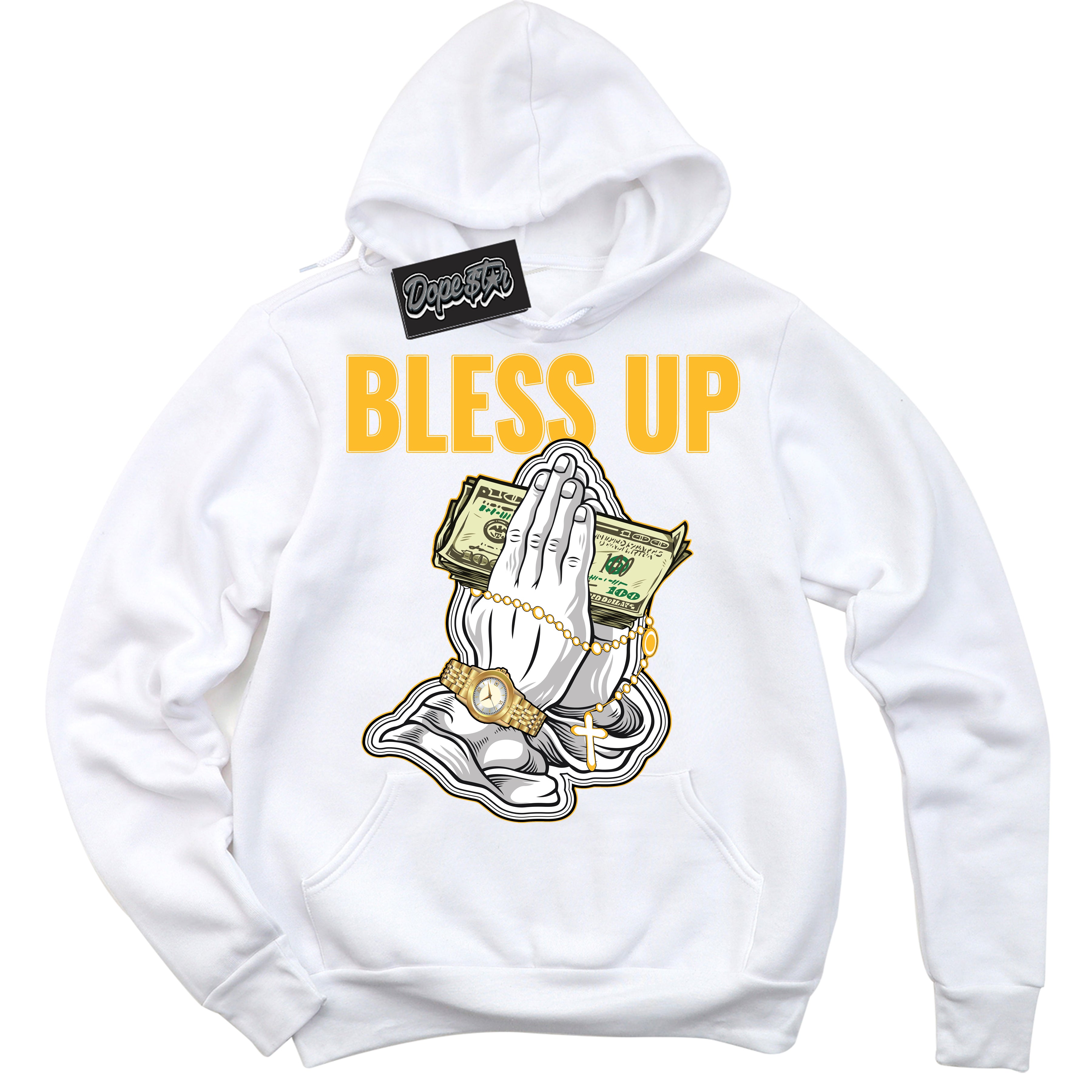 Cool White Hoodie with “ Bless Up '' design that Perfectly Matches  White University Gold Sneakers.