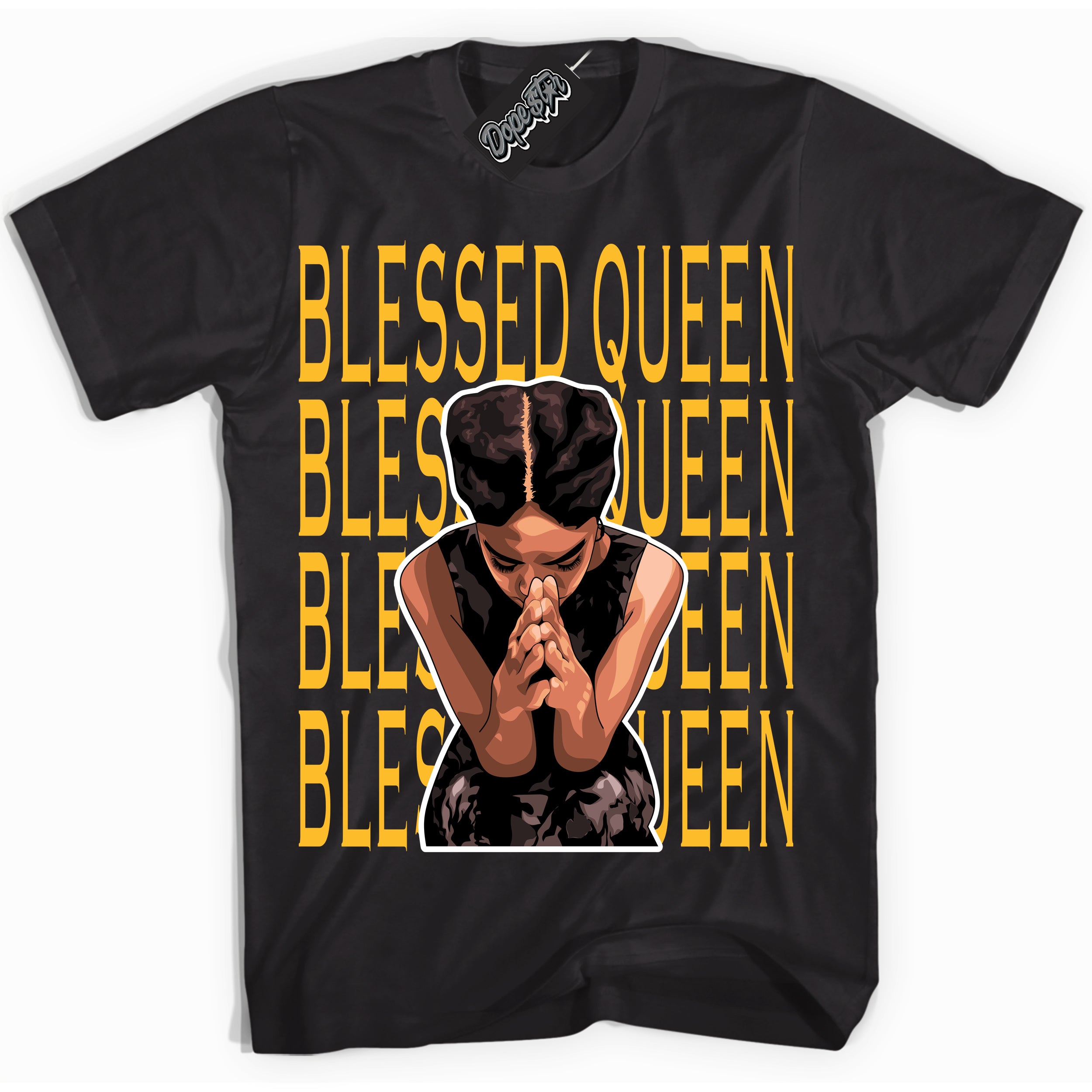 Cool Black Shirt with “ Blessed Queen ” design that perfectly matches White University Gold Sneakers.