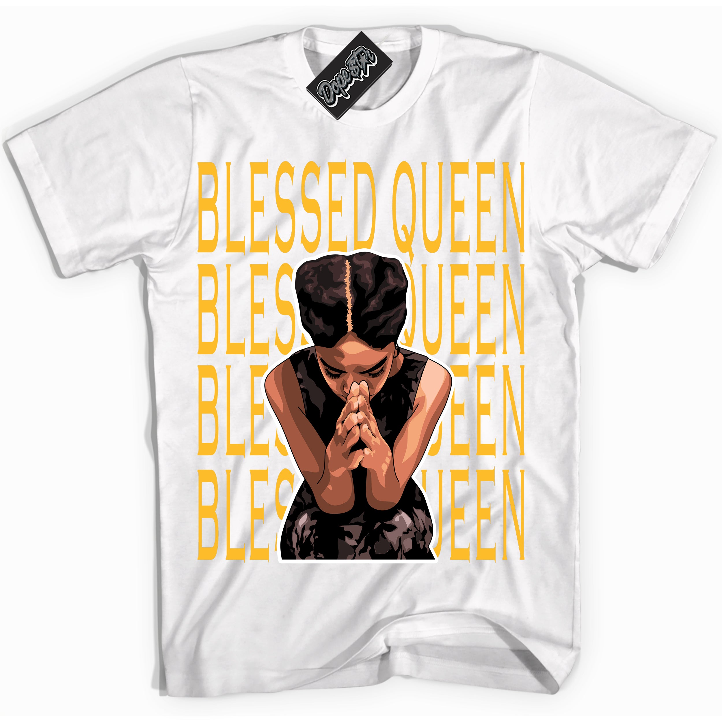 Cool White Shirt with “ Blessed Queen ” design that perfectly matches White University Gold Sneakers.