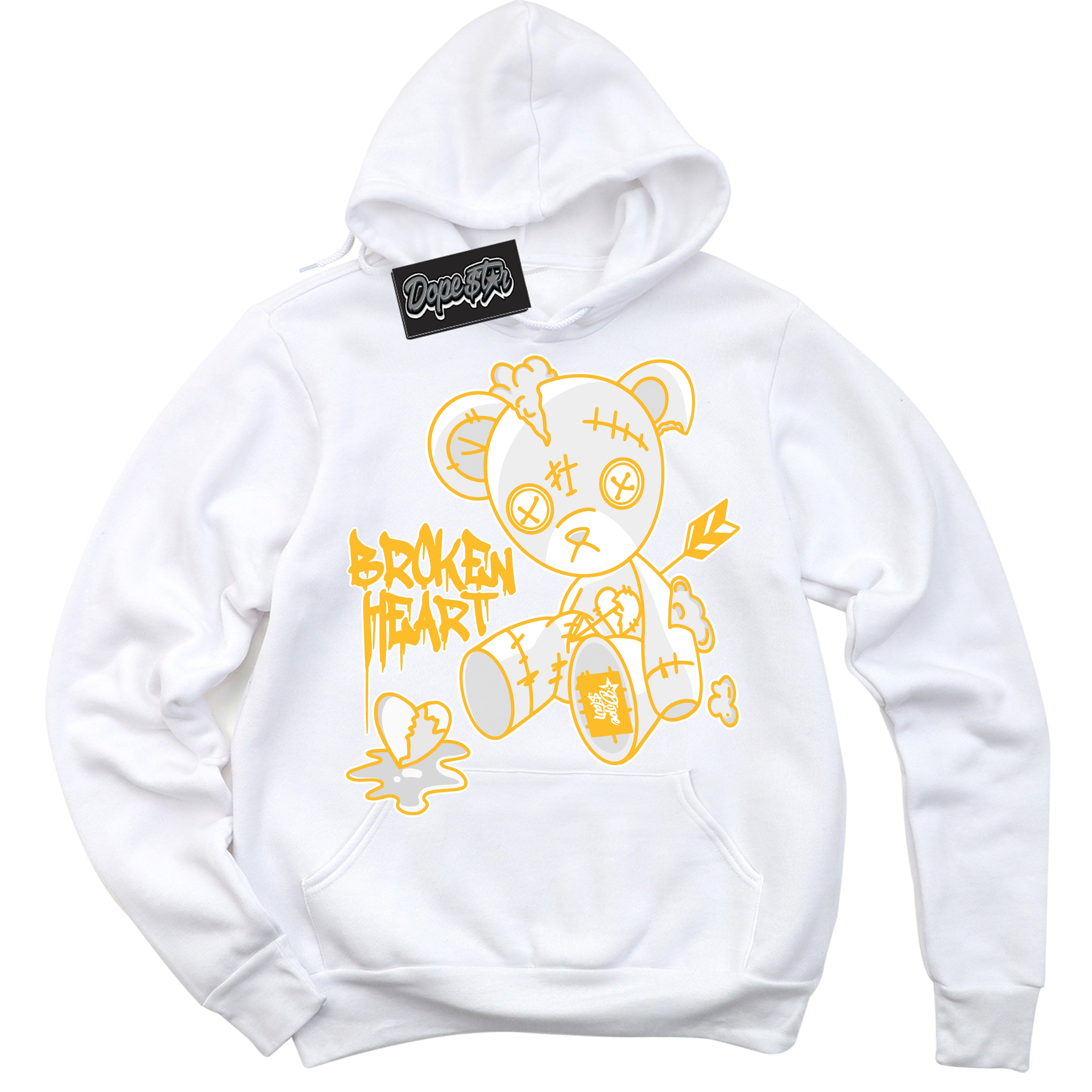 Cool White Hoodie with “ Broken Heart Bear '' design that Perfectly Matches  White University Gold Sneakers.