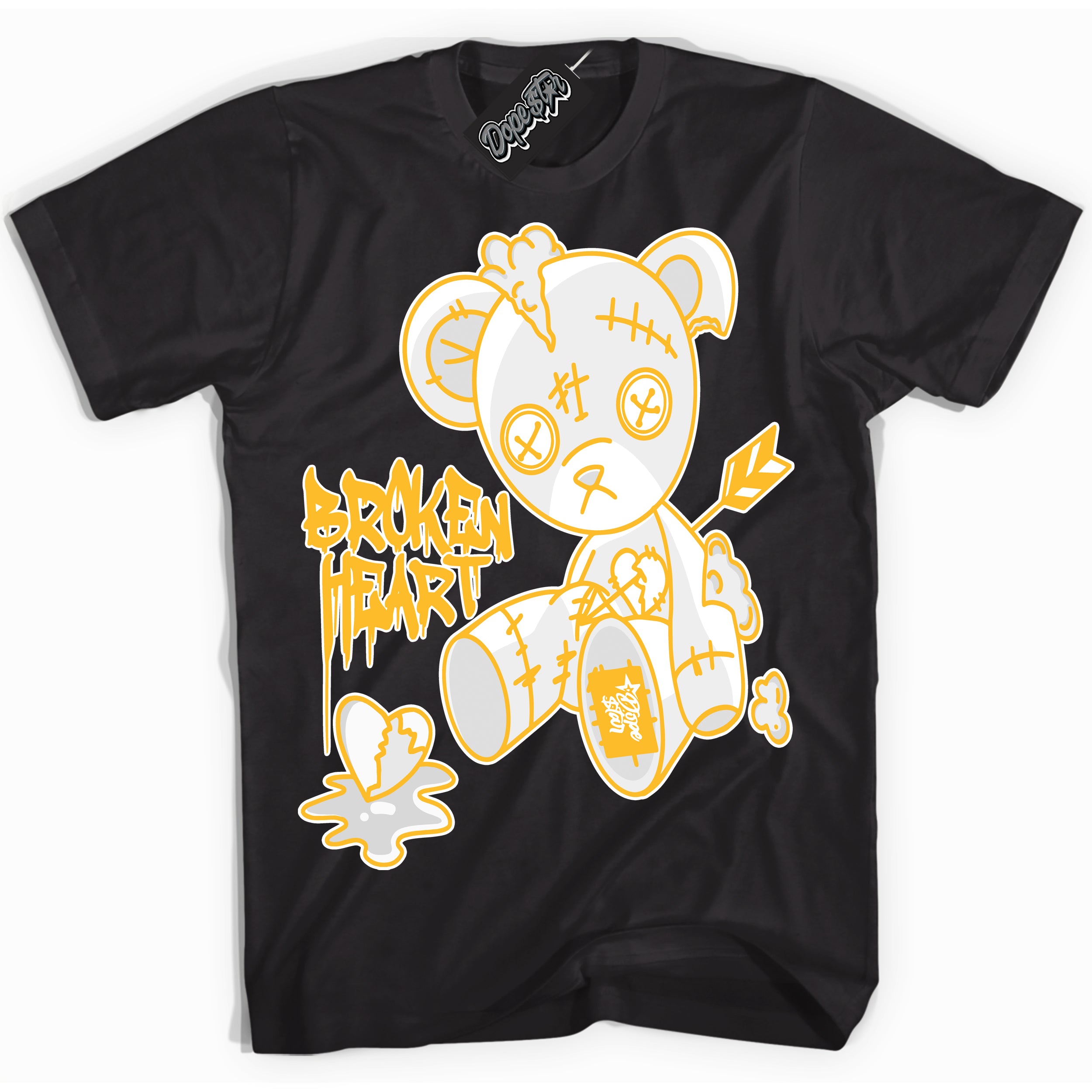 Cool Black Shirt with “ Broken Heart Bear ” design that perfectly matches White University Gold Sneakers.