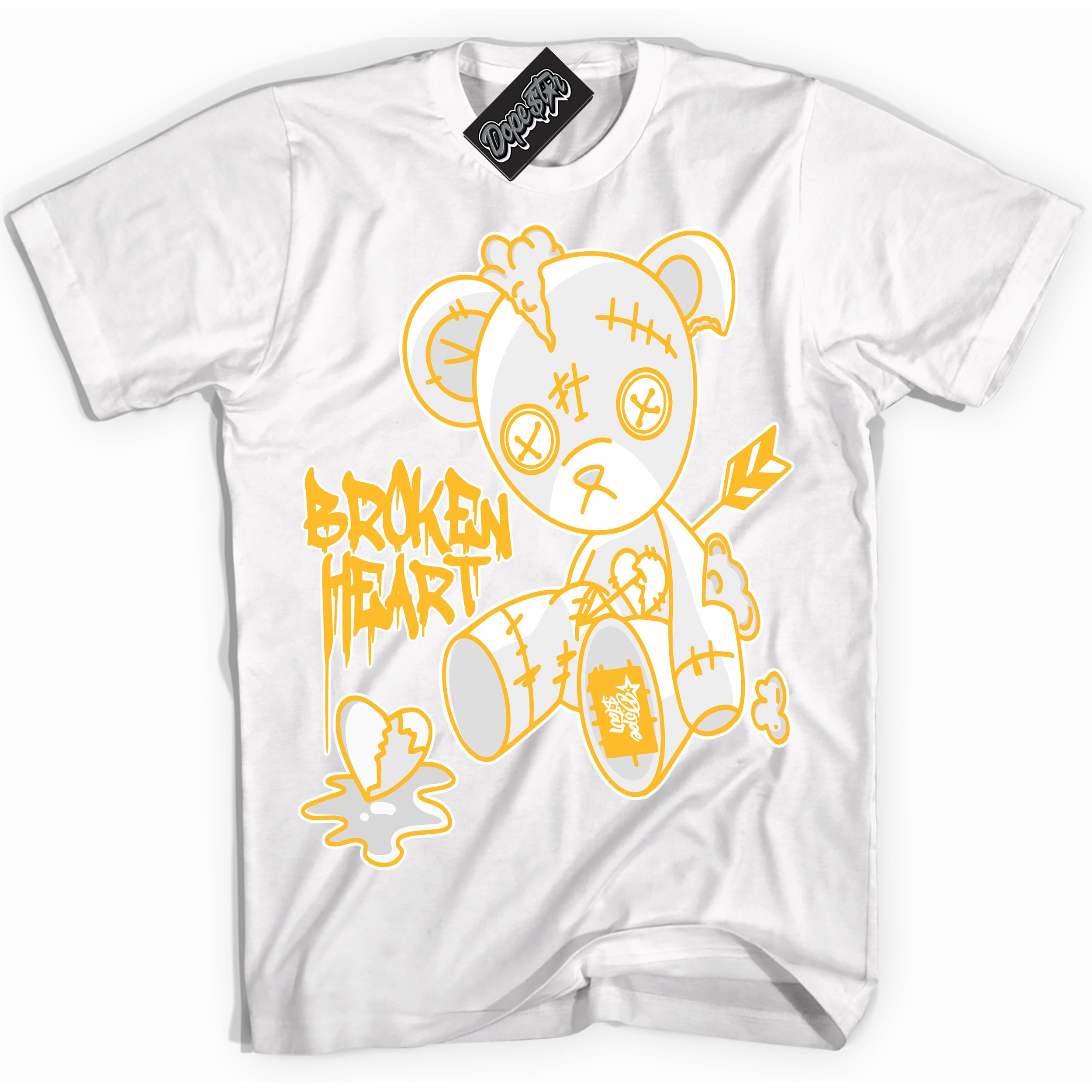 Cool White Shirt with “ Broken Heart Bear ” design that perfectly matches White University Gold Sneakers.