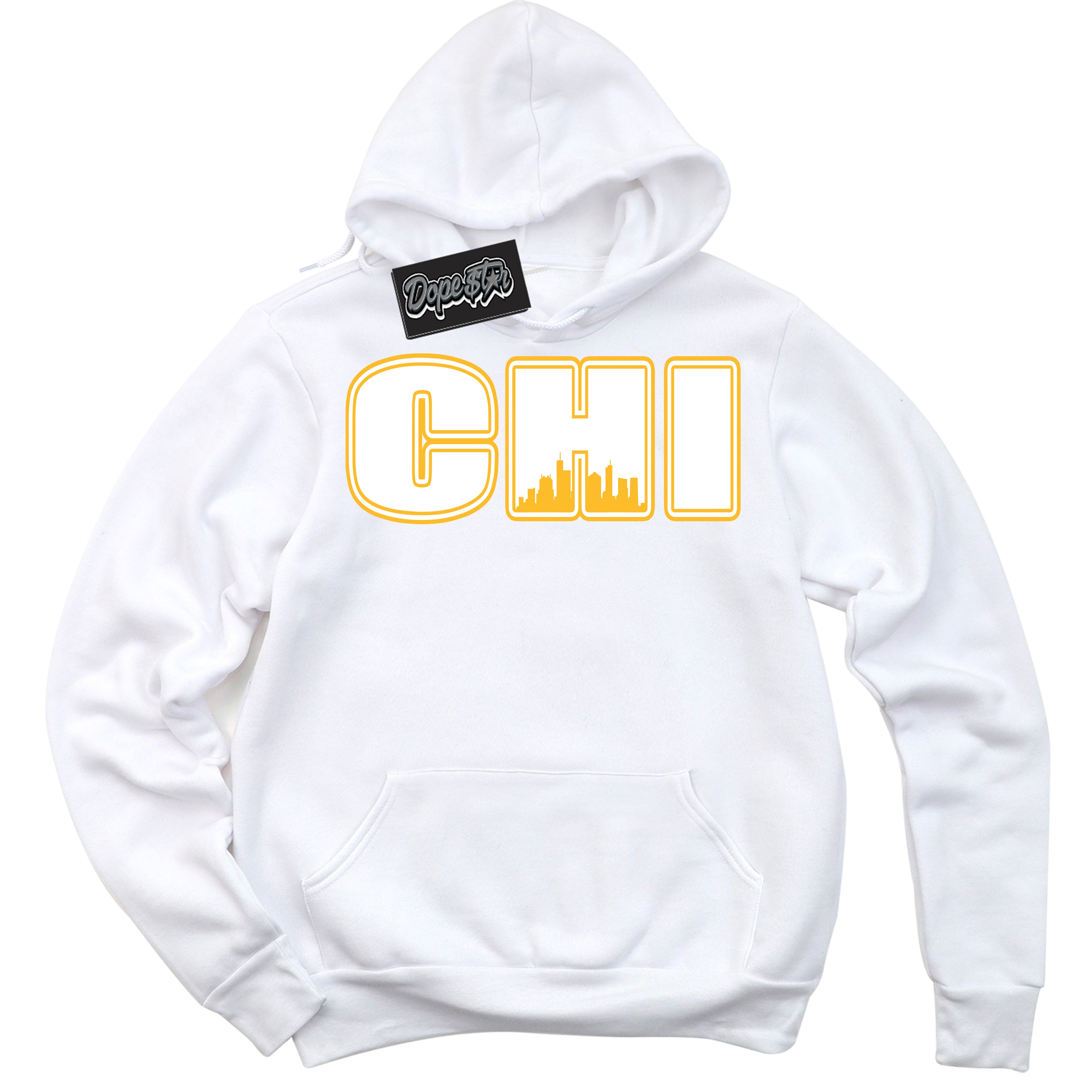 Cool White Hoodie with “ Chicago '' design that Perfectly Matches  White University Gold Sneakers.