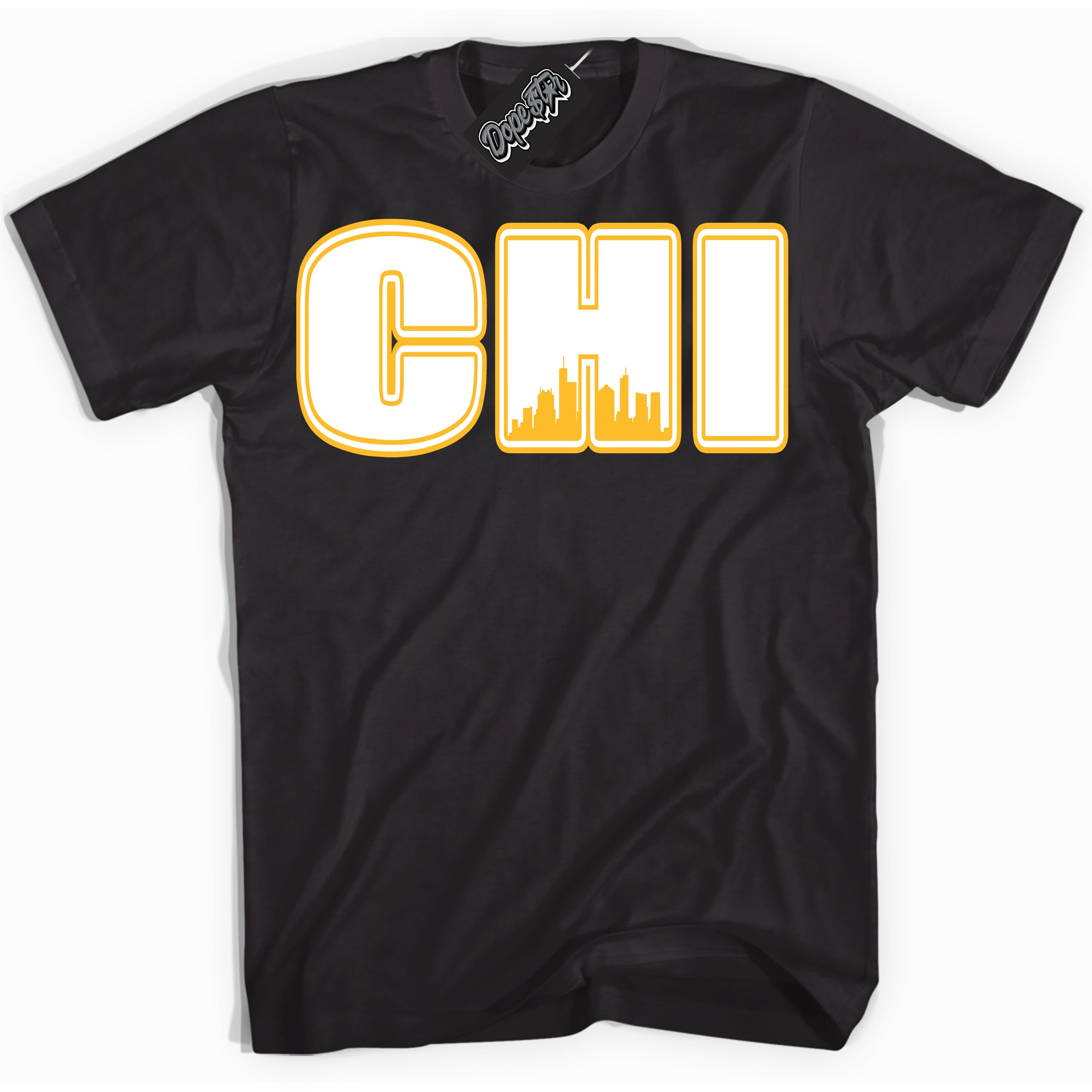 Cool Black Shirt with “ Chicago ” design that perfectly matches White University Gold Sneakers.