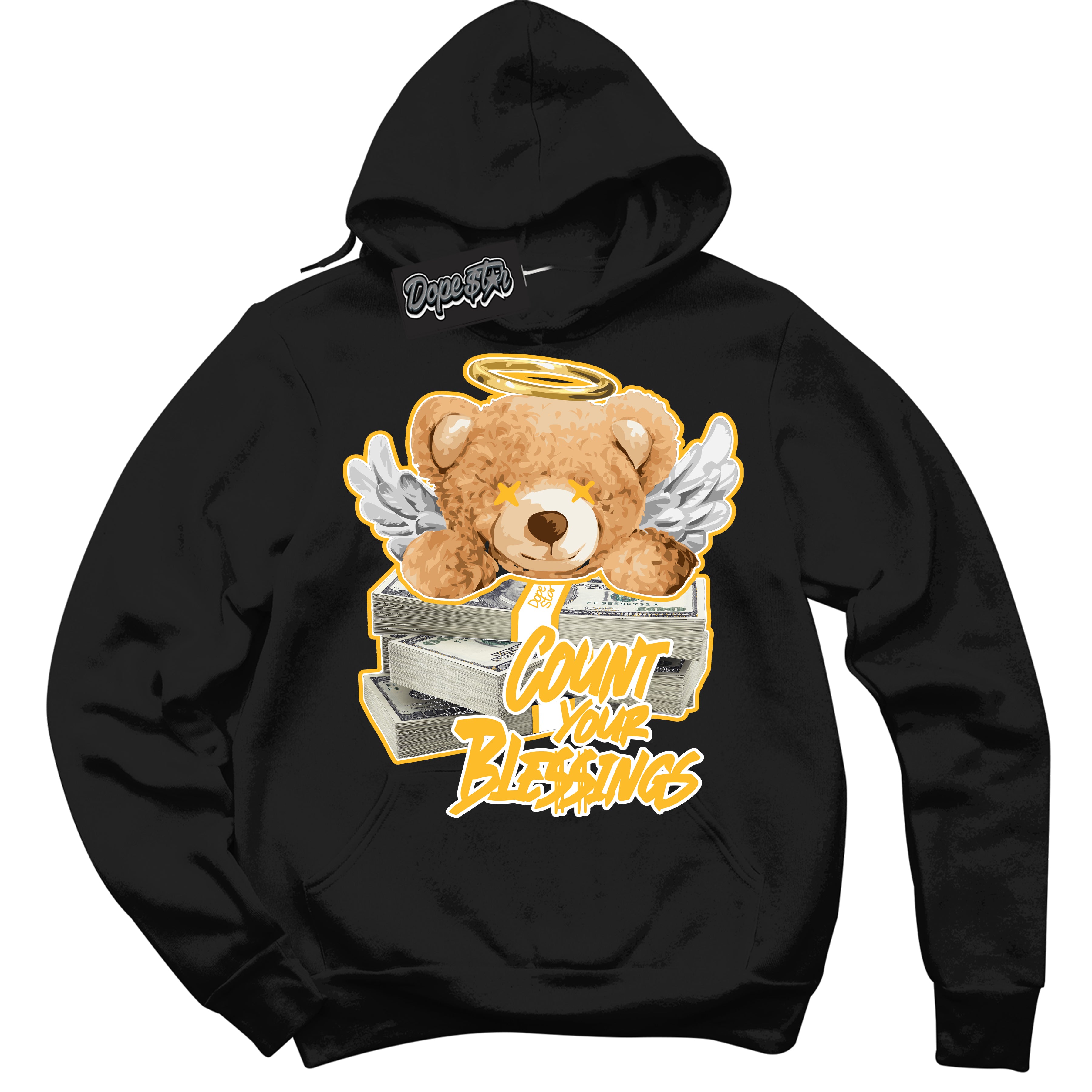 Cool Black Hoodie with “ Count Your Blessings '' design that Perfectly Matches  White University Gold Sneakers.