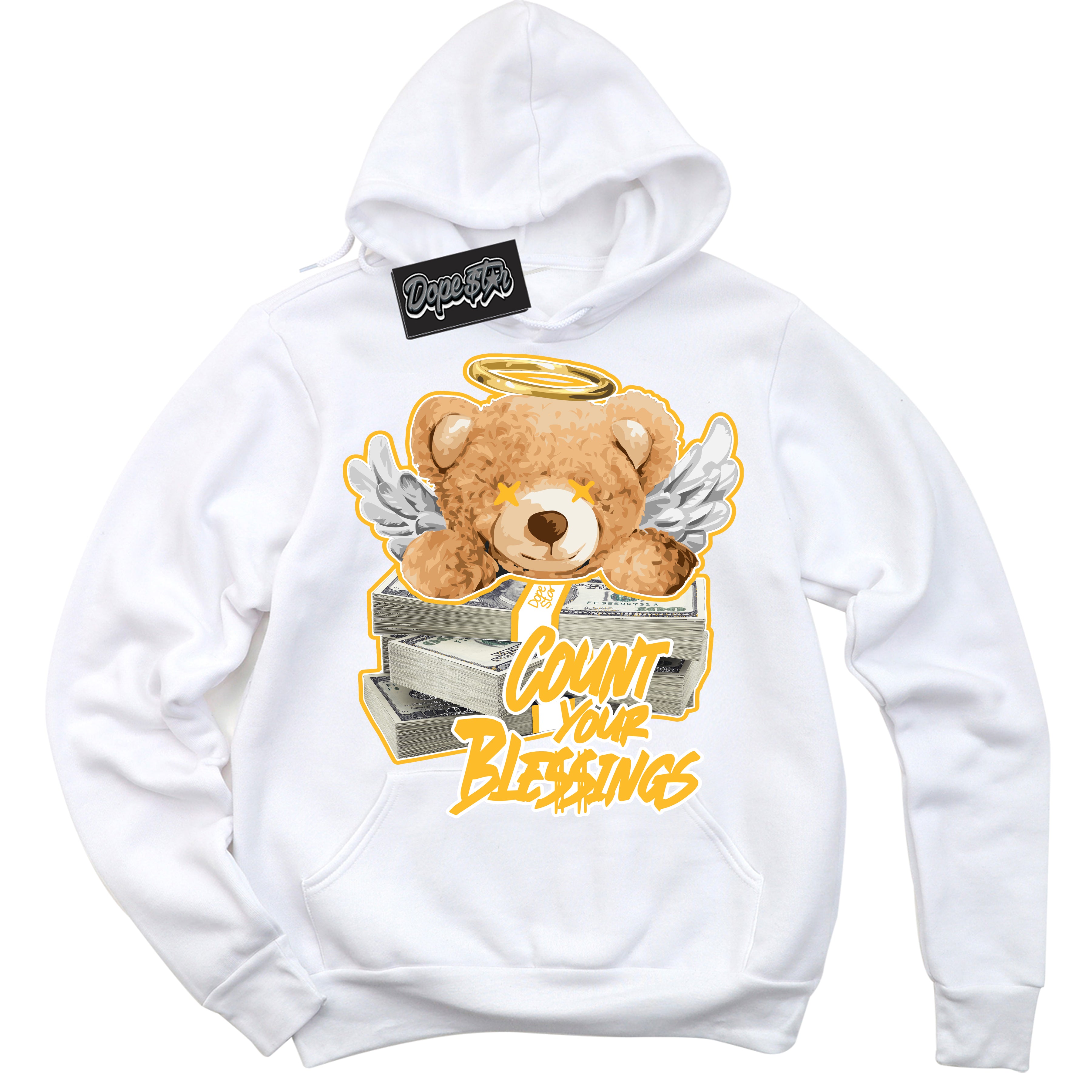 Cool White Hoodie with “ Count Your Blessings '' design that Perfectly Matches  White University Gold Sneakers.