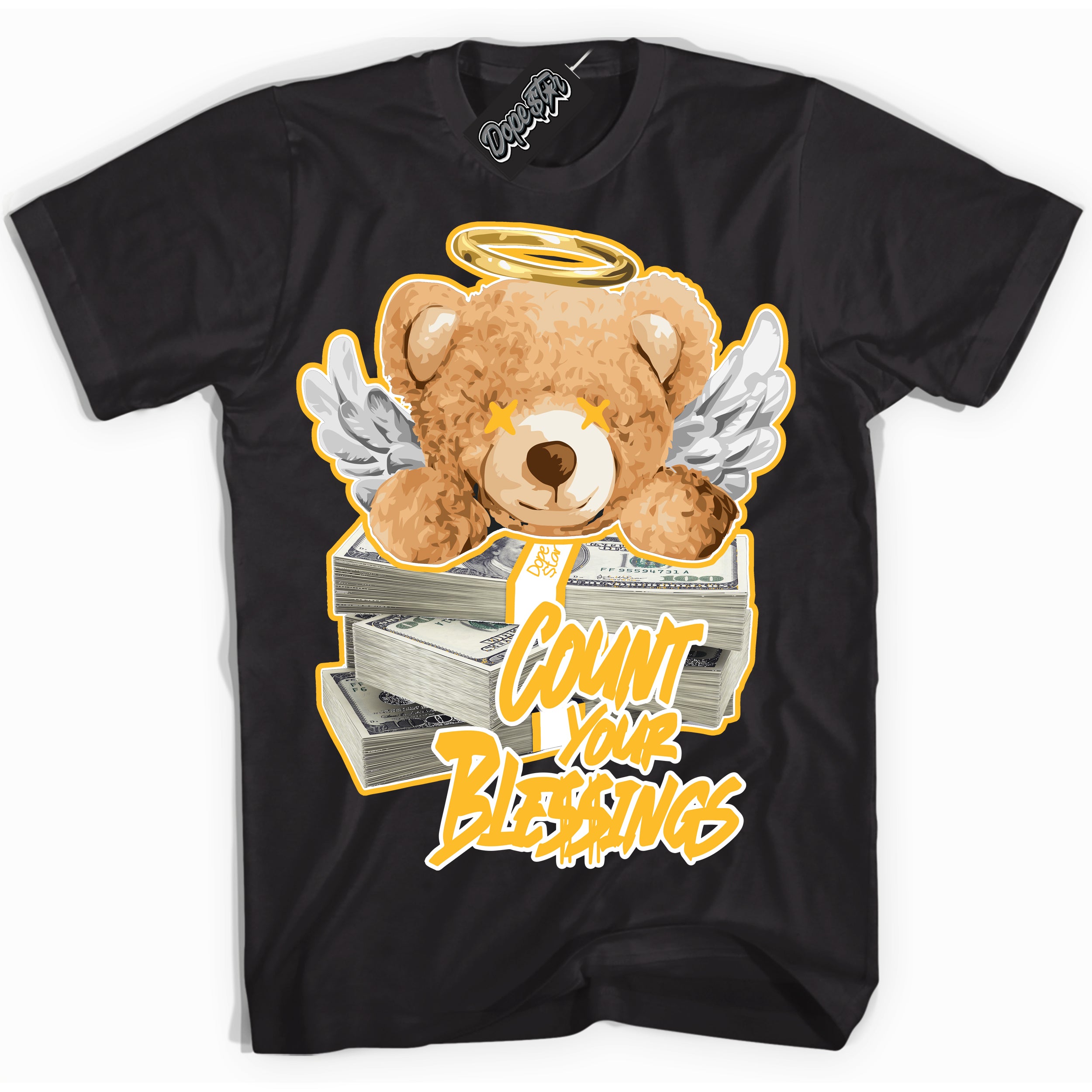 Cool Black Shirt with “ Count Your Blessings ” design that perfectly matches White University Gold Sneakers.