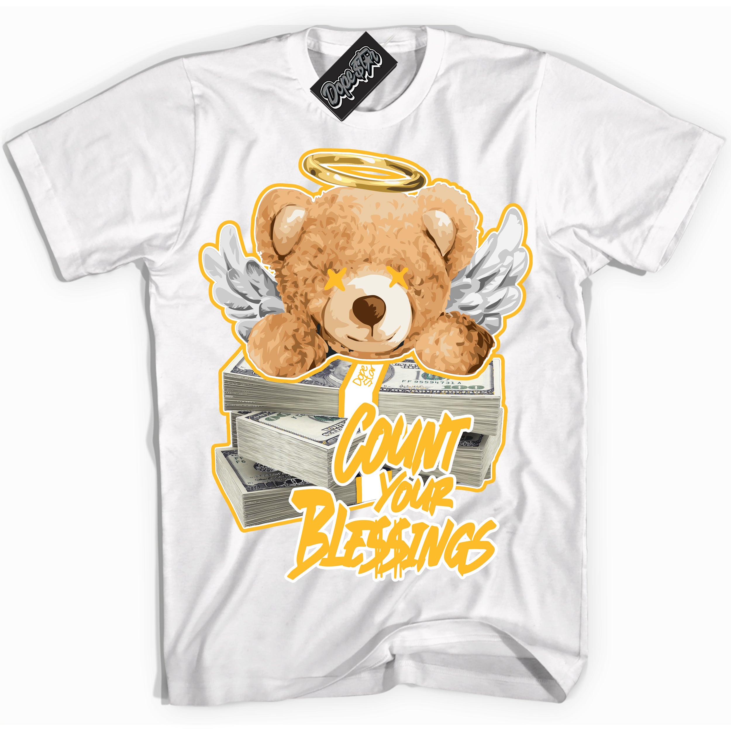 Cool White Shirt with “ Count Your Blessings ” design that perfectly matches White University Gold Sneakers.