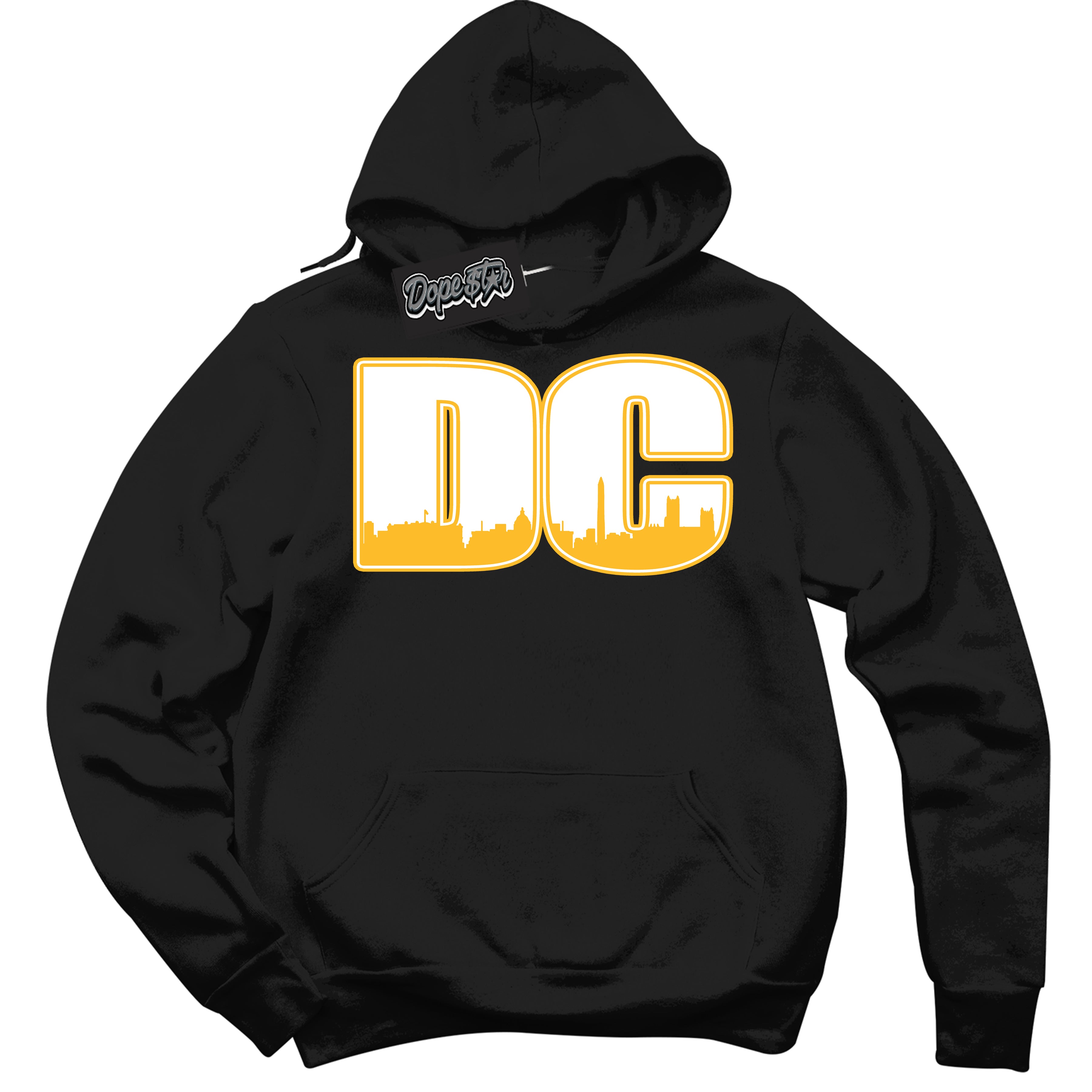 Cool Black Hoodie with “ DC '' design that Perfectly Matches  White University Gold Sneakers.