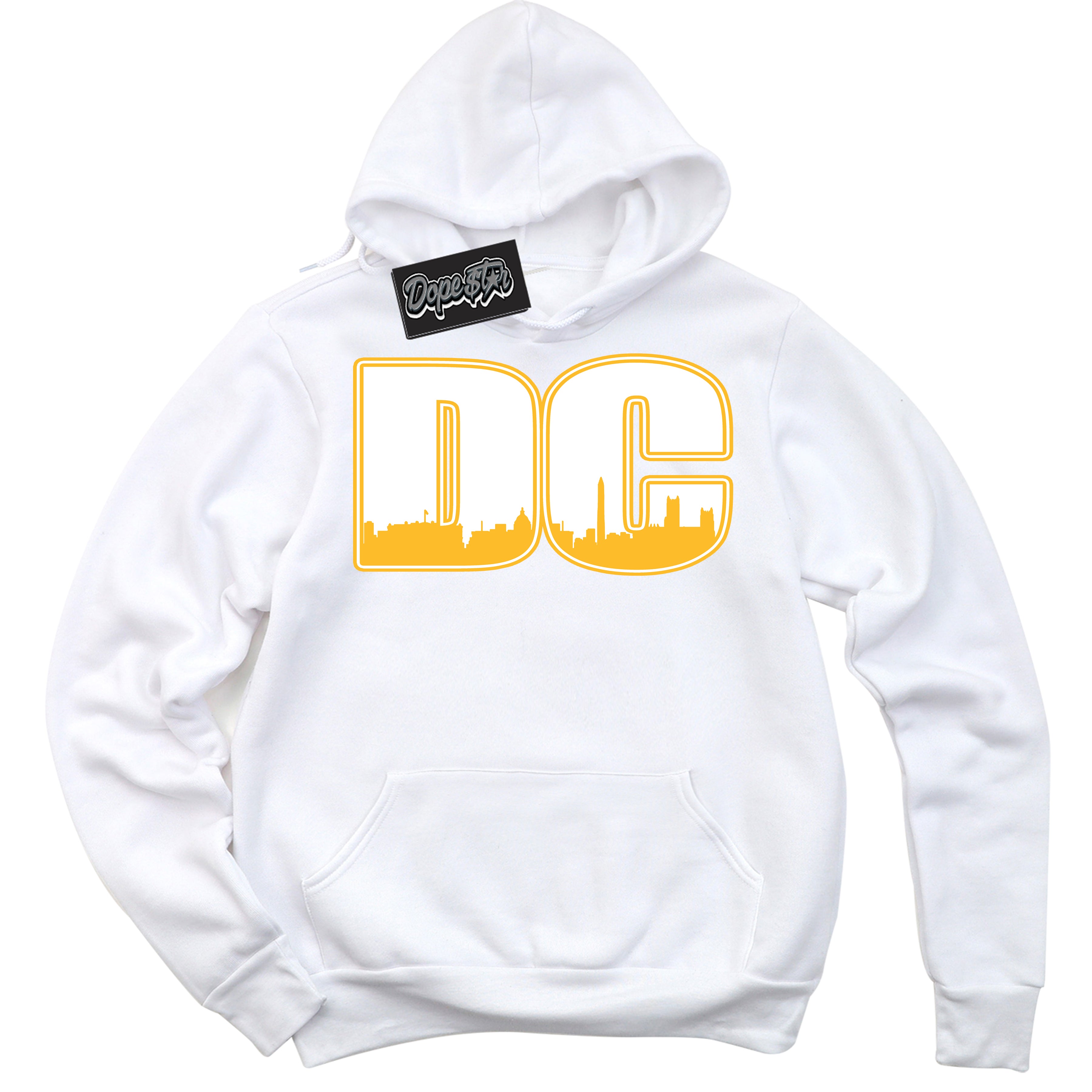 Cool White Hoodie with “ DC '' design that Perfectly Matches  White University Gold Sneakers.