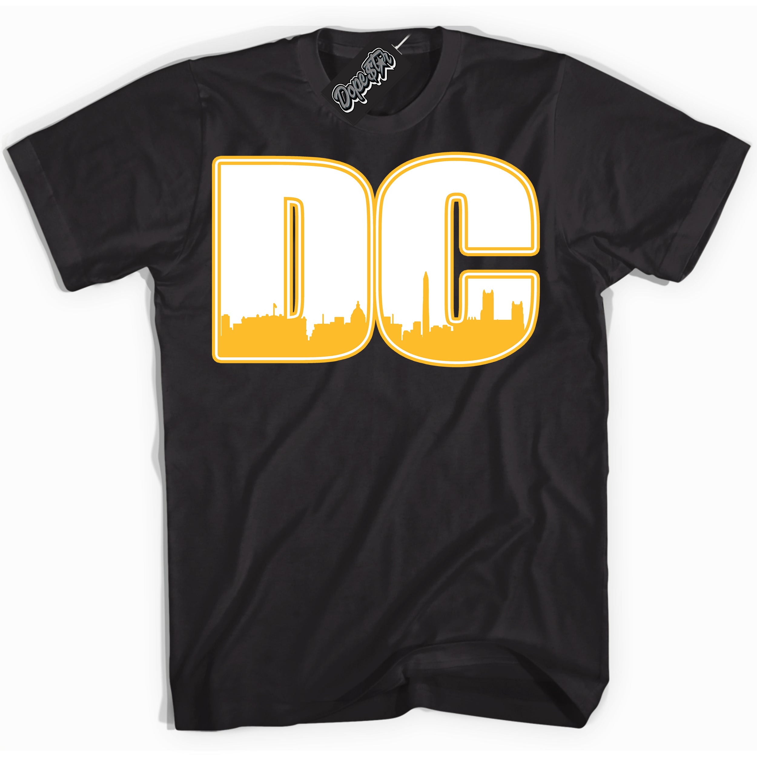 Cool Black Shirt with “ DC ” design that perfectly matches White University Gold Sneakers.