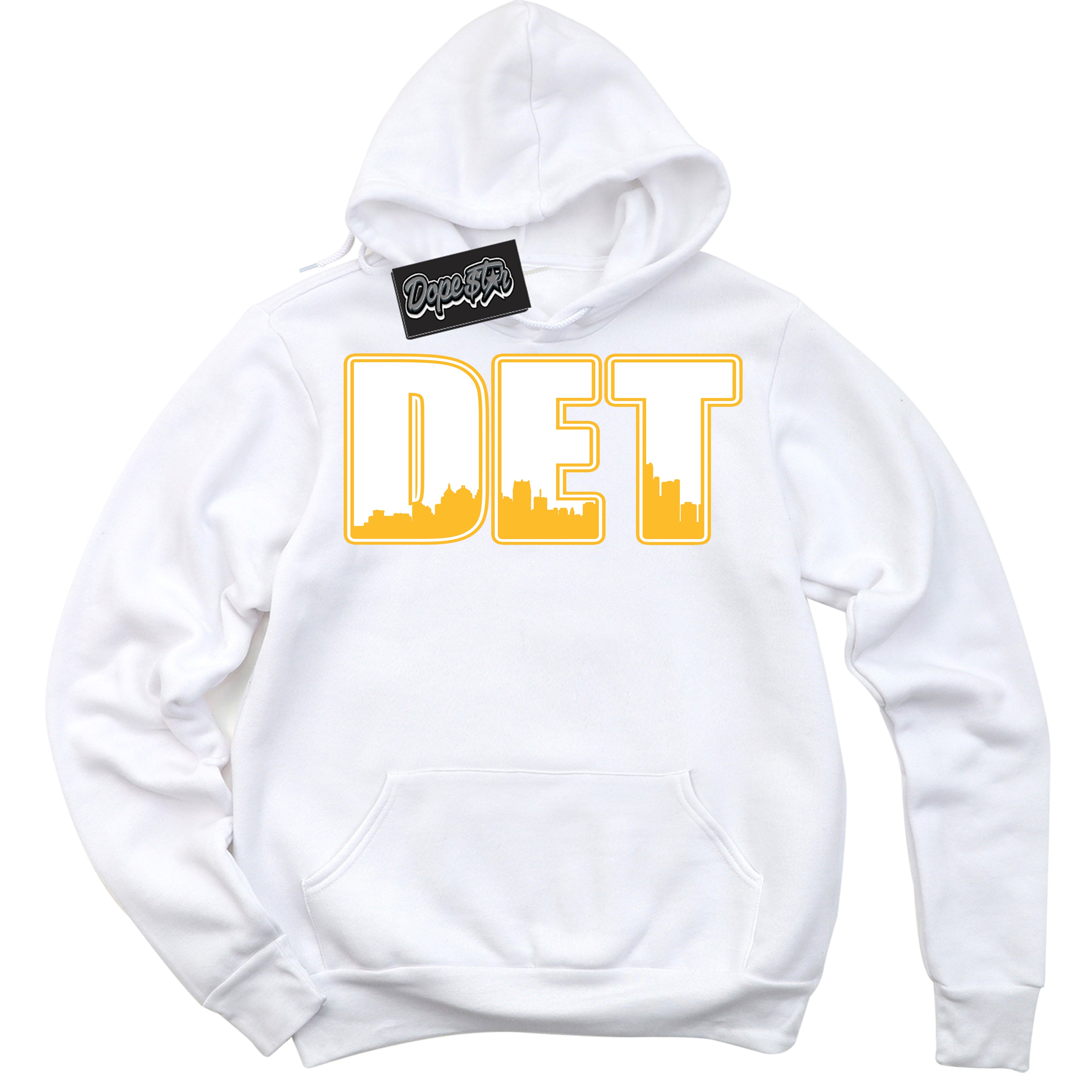 Cool White Hoodie with “ Detroit '' design that Perfectly Matches  White University Gold Sneakers.