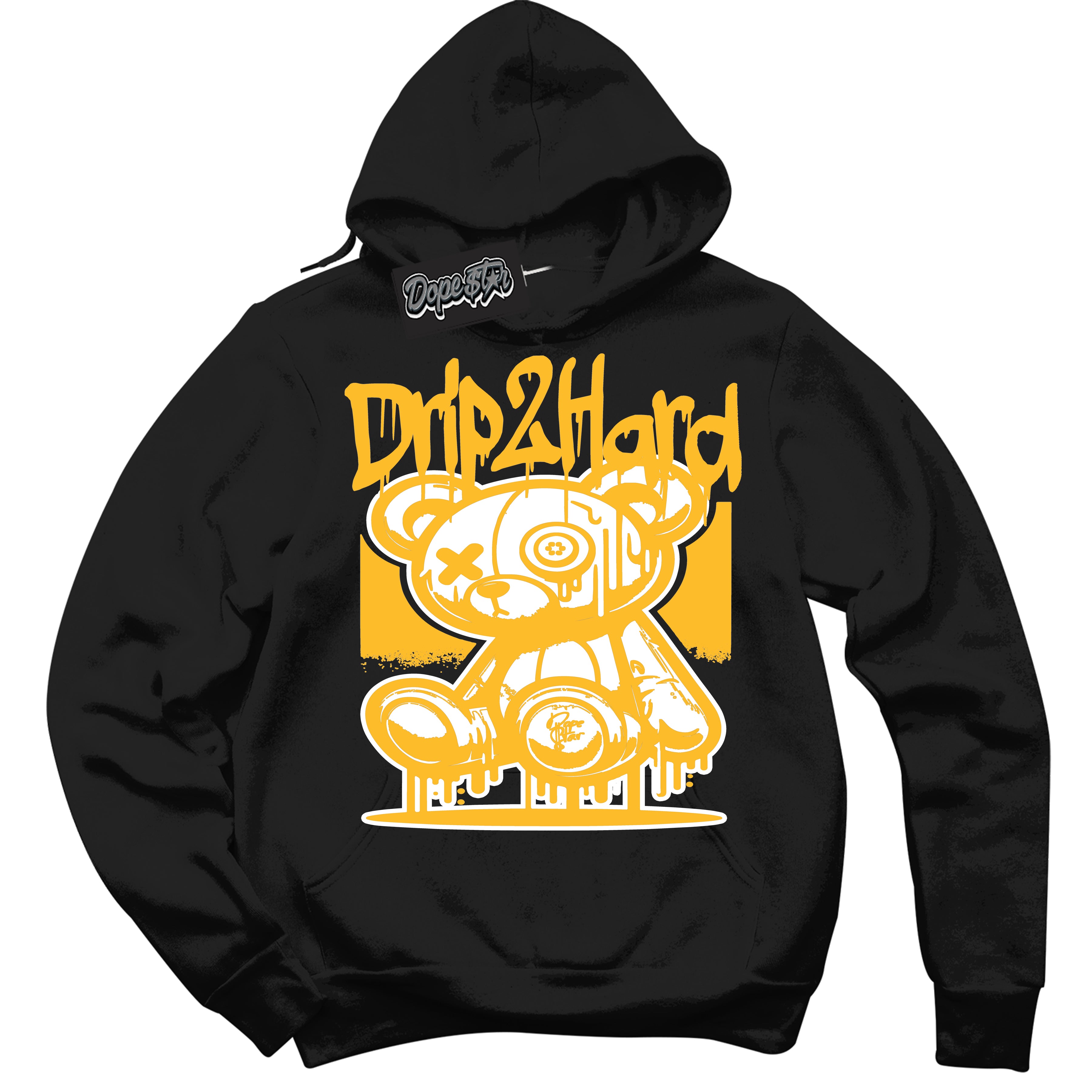 Cool Black Hoodie with “ Drip 2 Hard '' design that Perfectly Matches  White University Gold Sneakers.