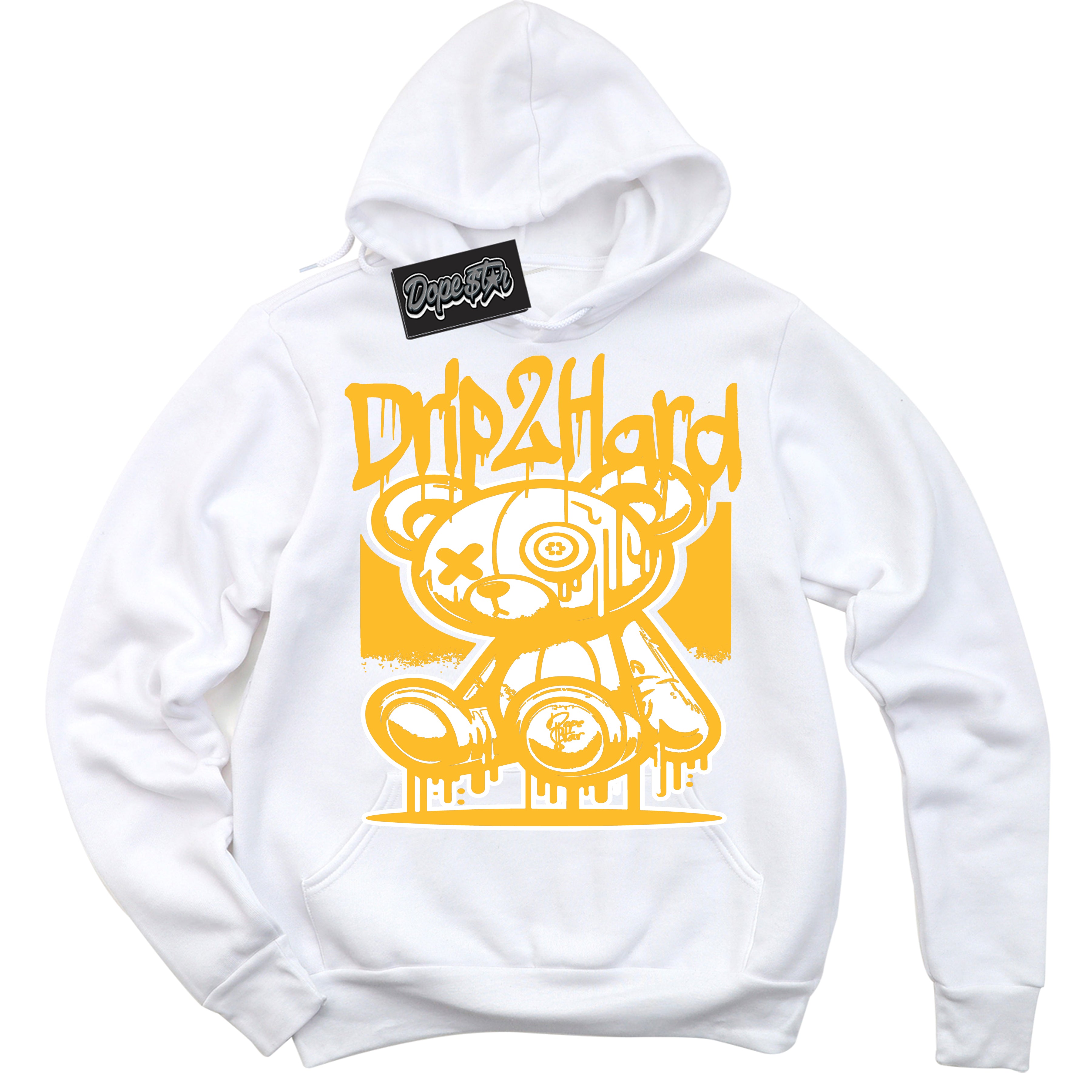 Cool White Hoodie with “ Drip 2 Hard '' design that Perfectly Matches  White University Gold Sneakers.