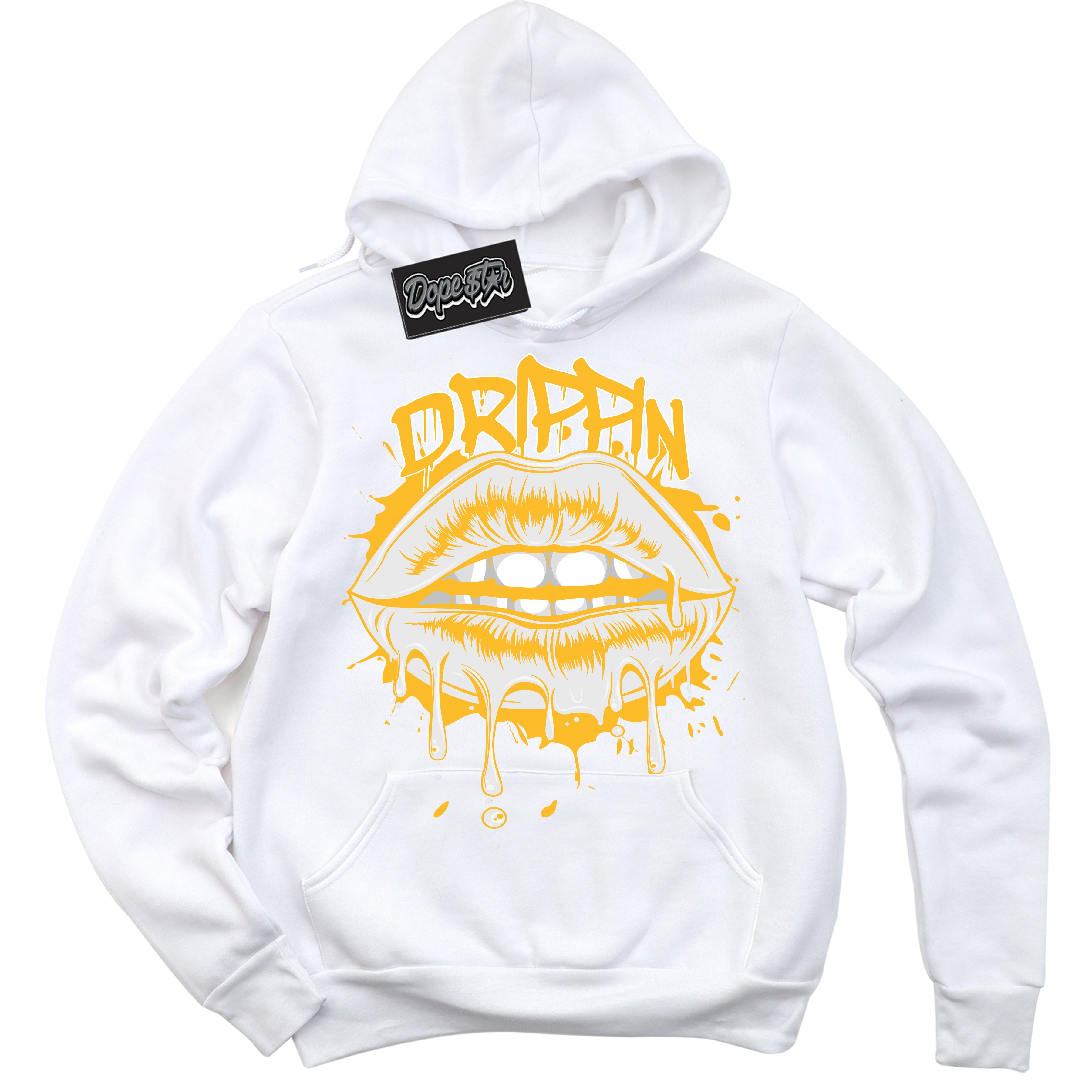 Cool White Hoodie with “ Drippin '' design that Perfectly Matches  White University Gold Sneakers.