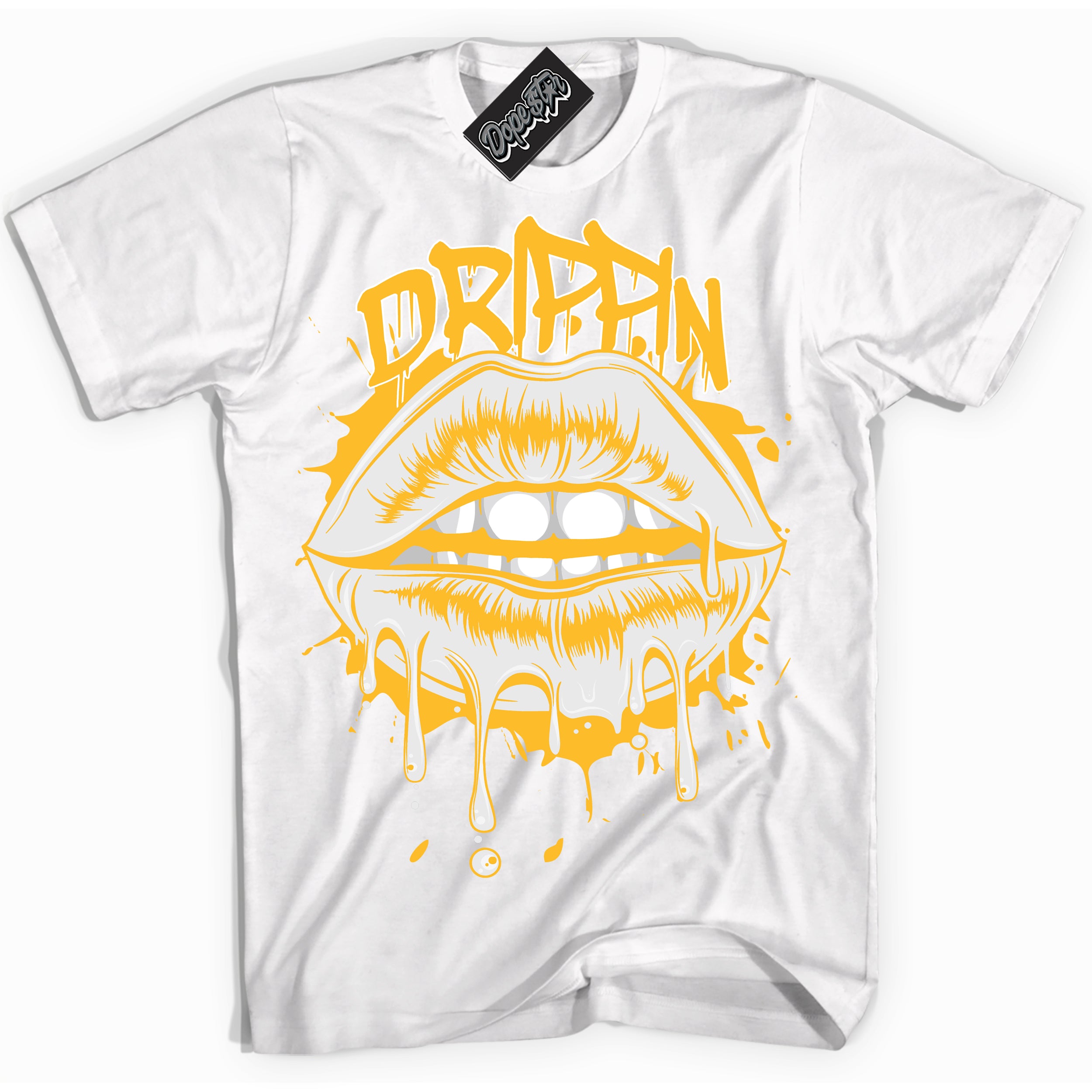 Cool White Shirt with “ Drippin ” design that perfectly matches White University Gold Sneakers.